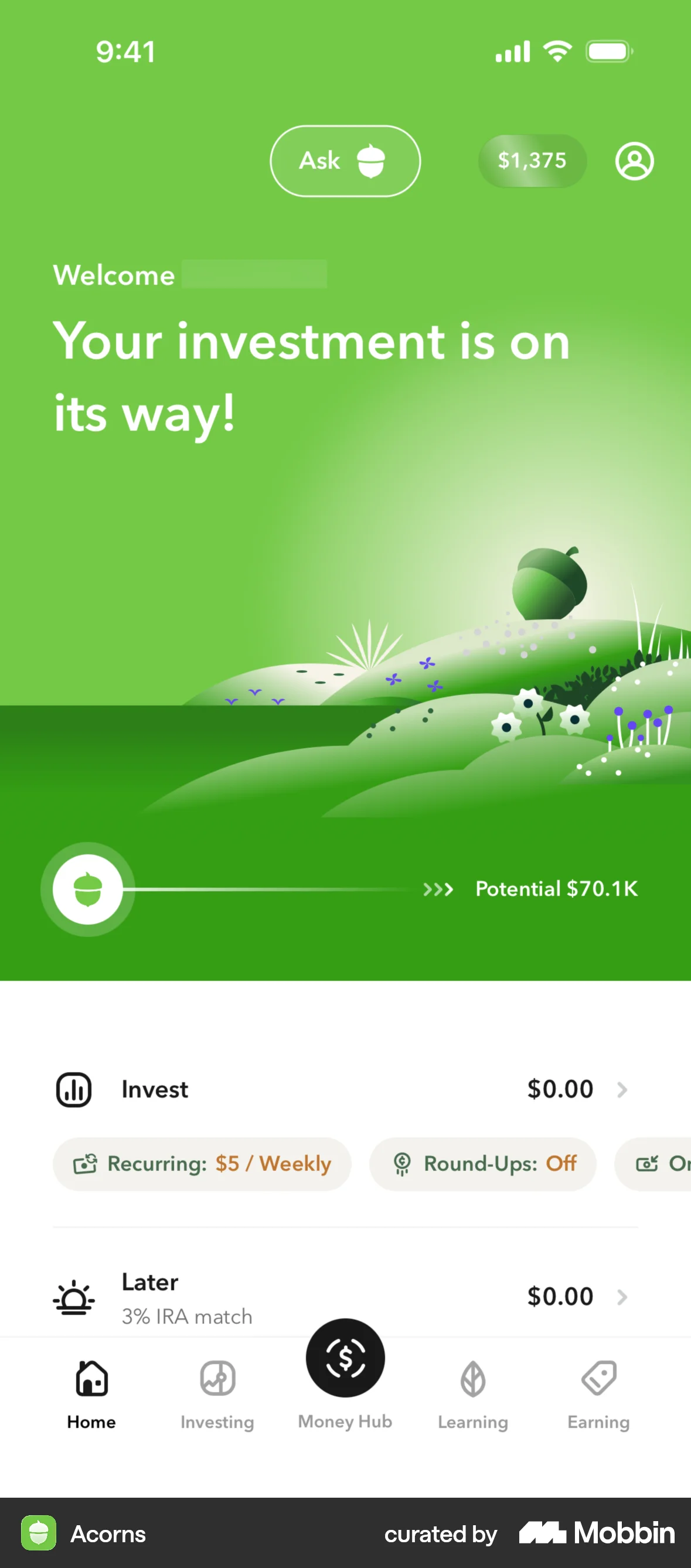 Acorns Onboarding screen