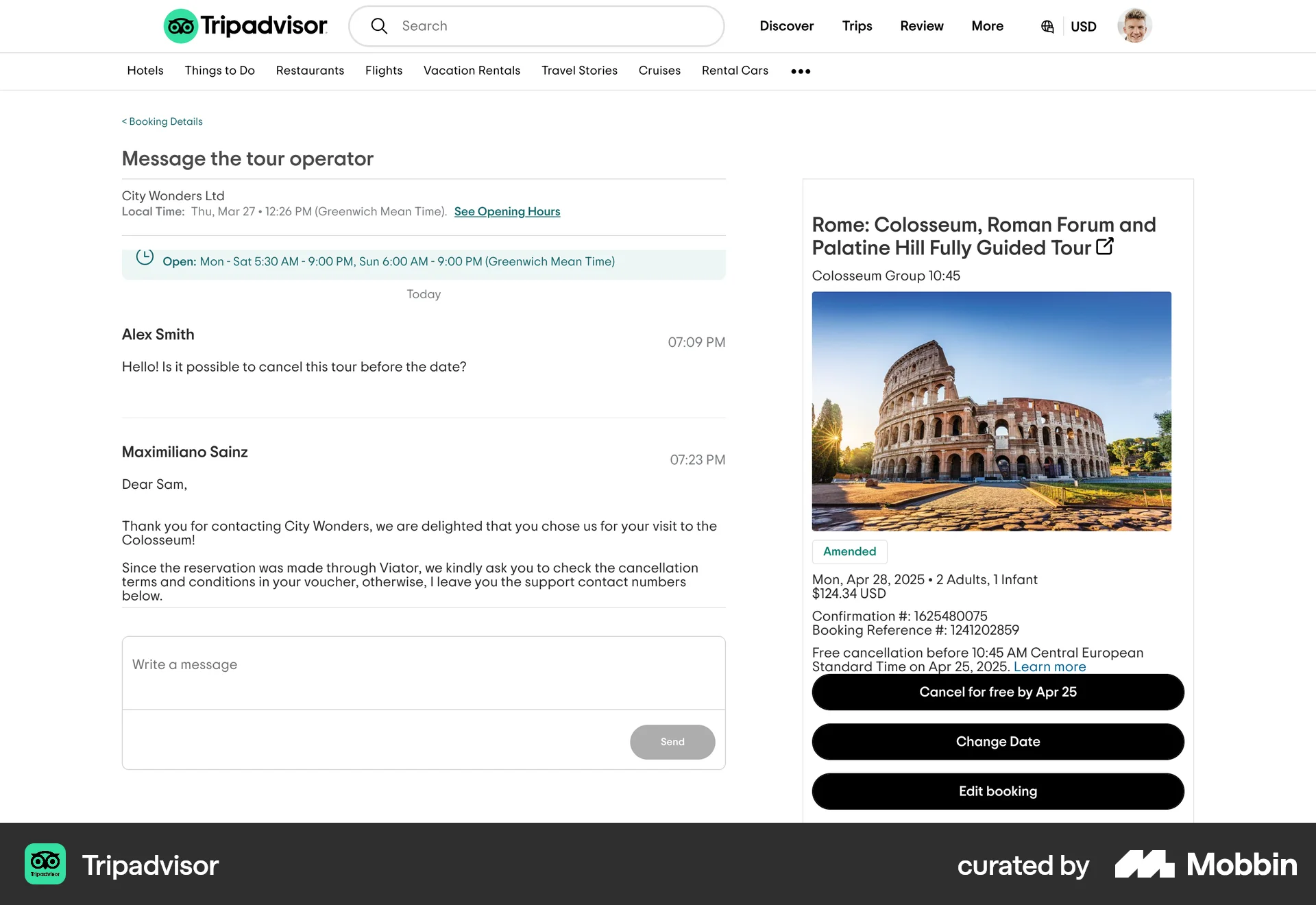 Tripadvisor Web Chat Detail screen