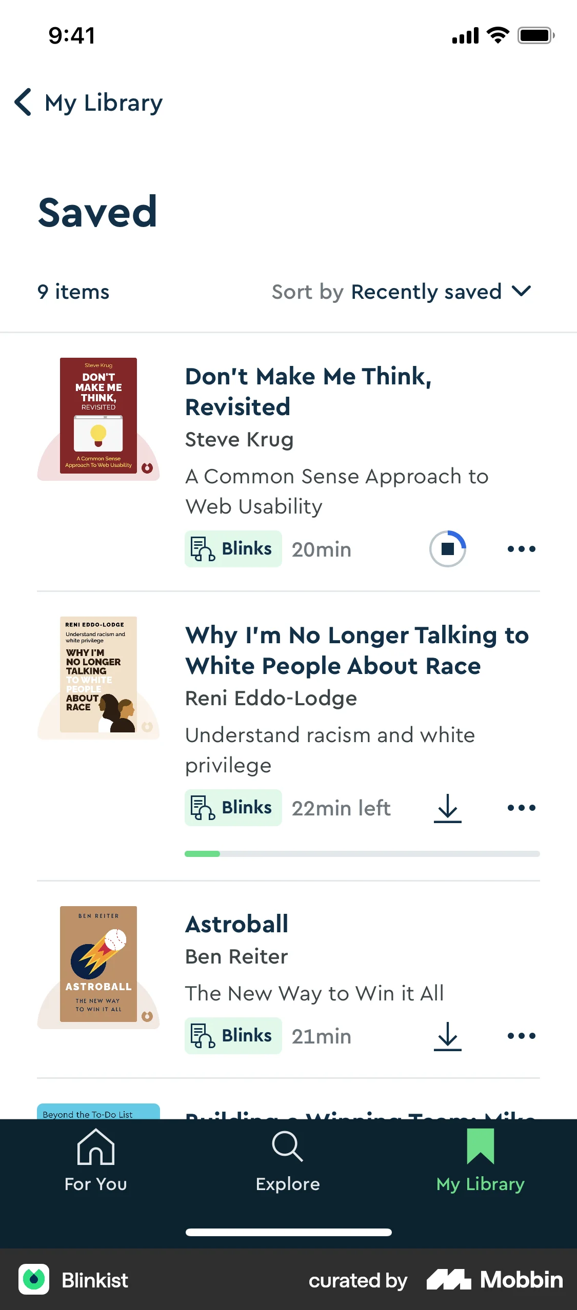Blinkist iOS Upload & Download screen