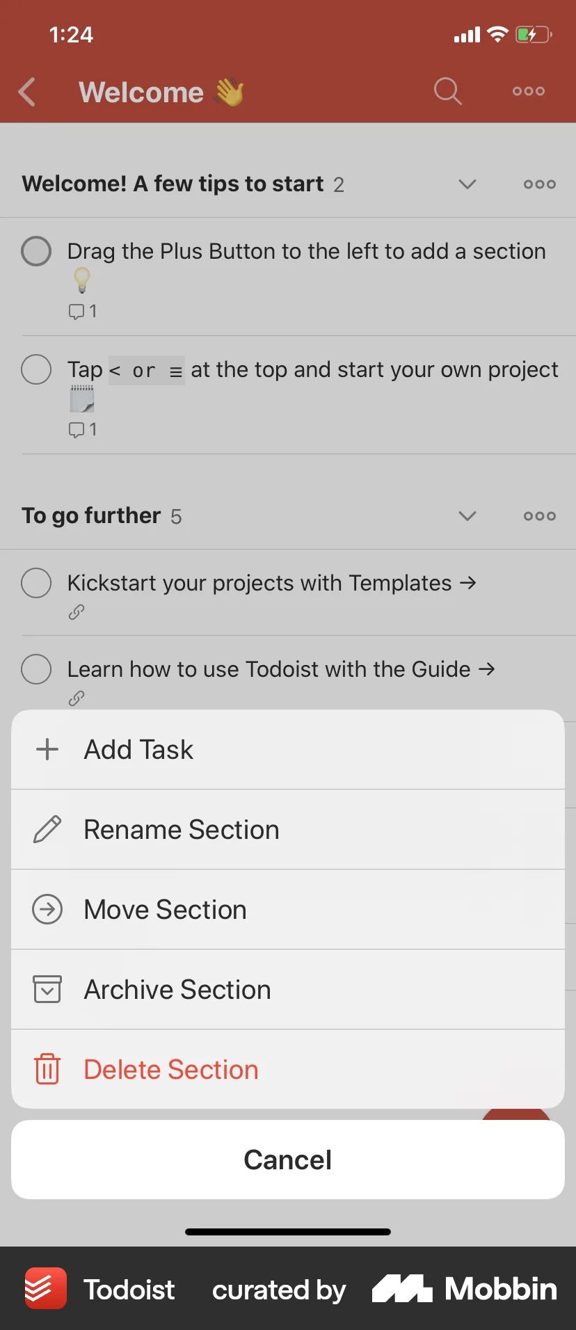 Todoist iOS screen containing Action Sheet UI element