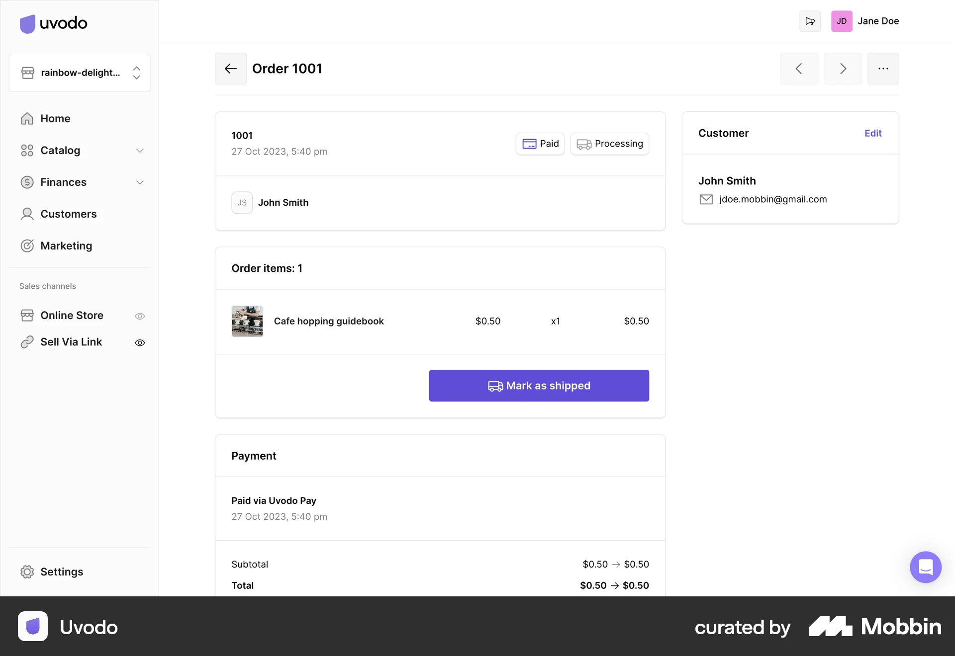 Uvodo Web Order Detail screen