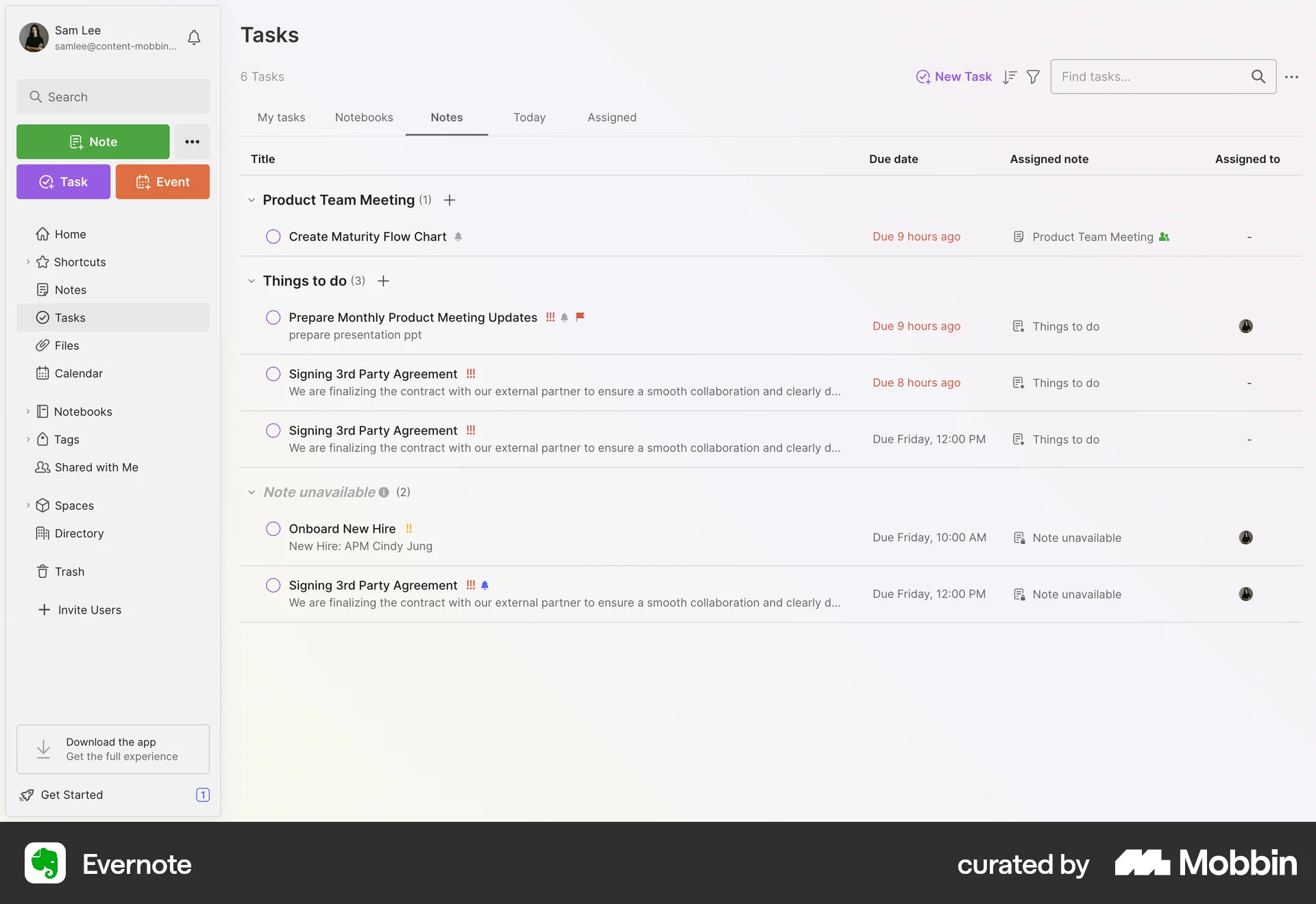 Evernote Web screen containing Table UI element