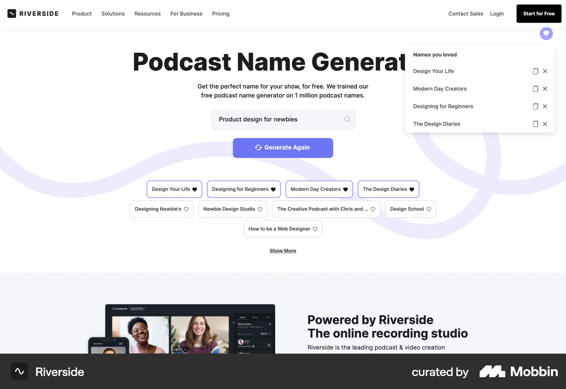 Riverside Web screen containing Dropdown Menu UI element