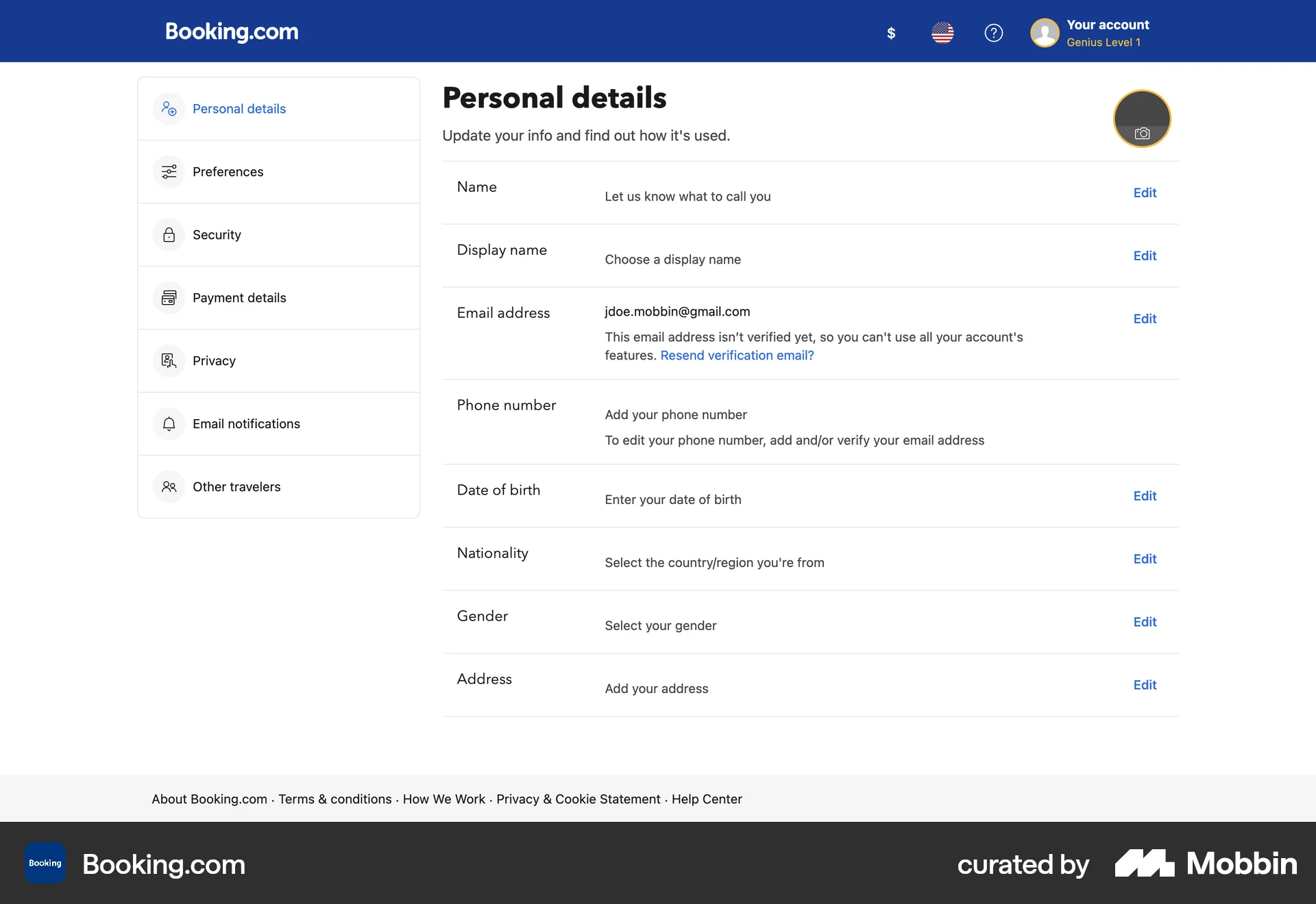 Booking.com Web My Account & Profile screen