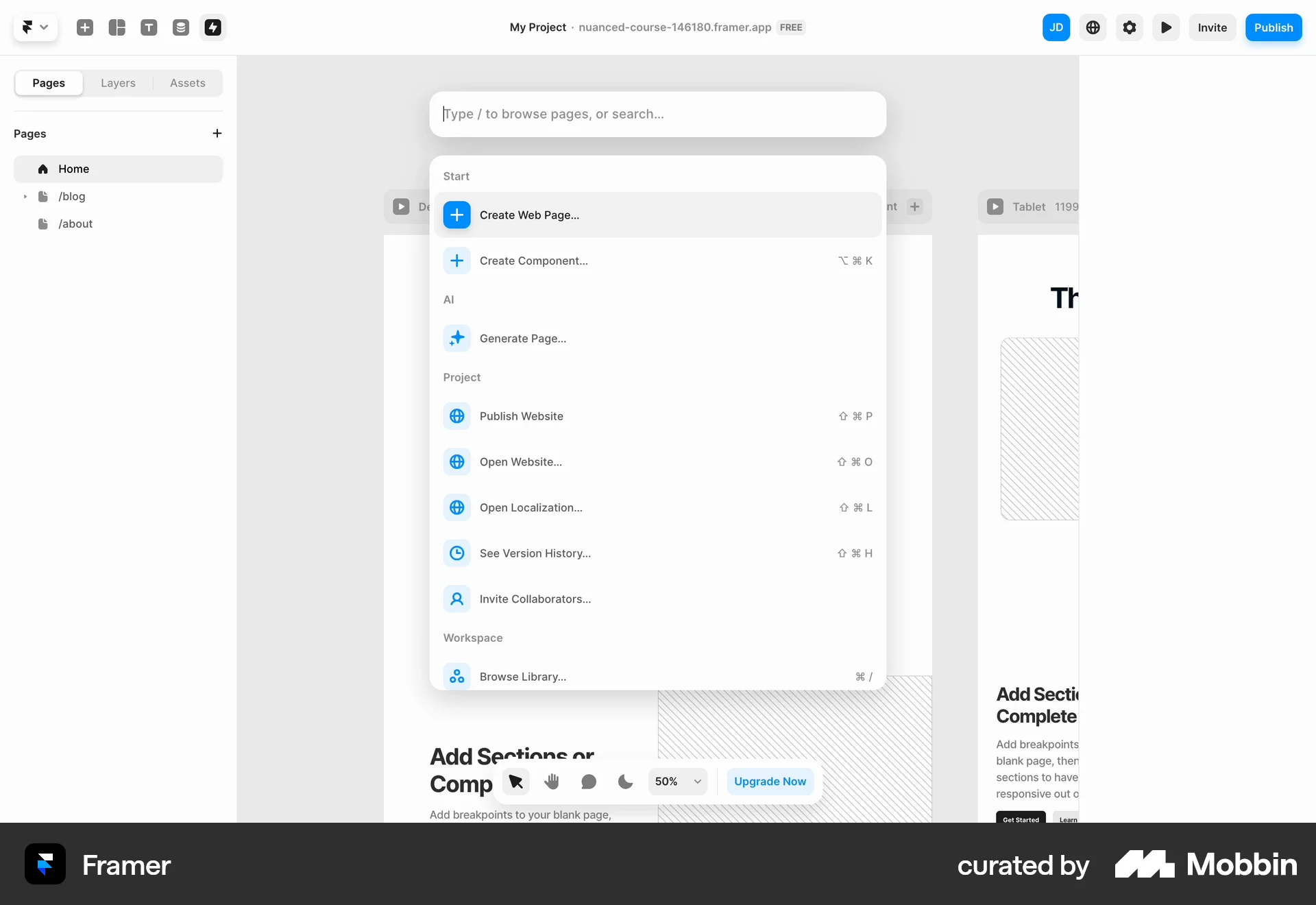 Framer Web Command Palette screen