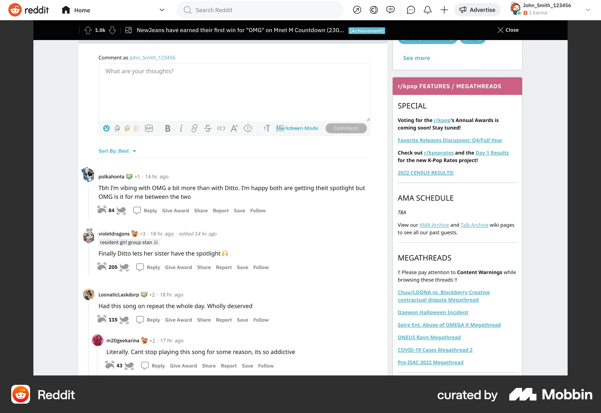 Reddit Web Comments screen