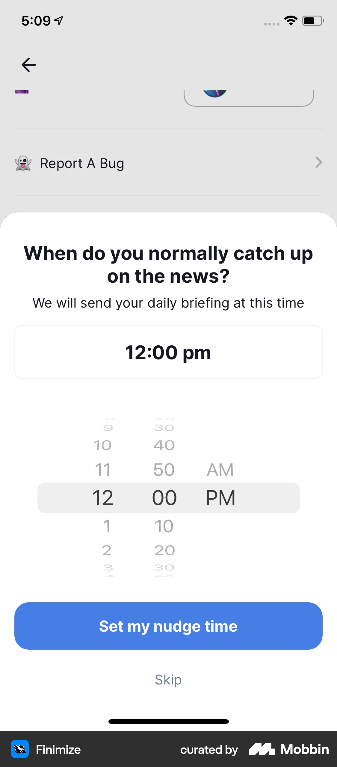 Finimize iOS Reminder screen