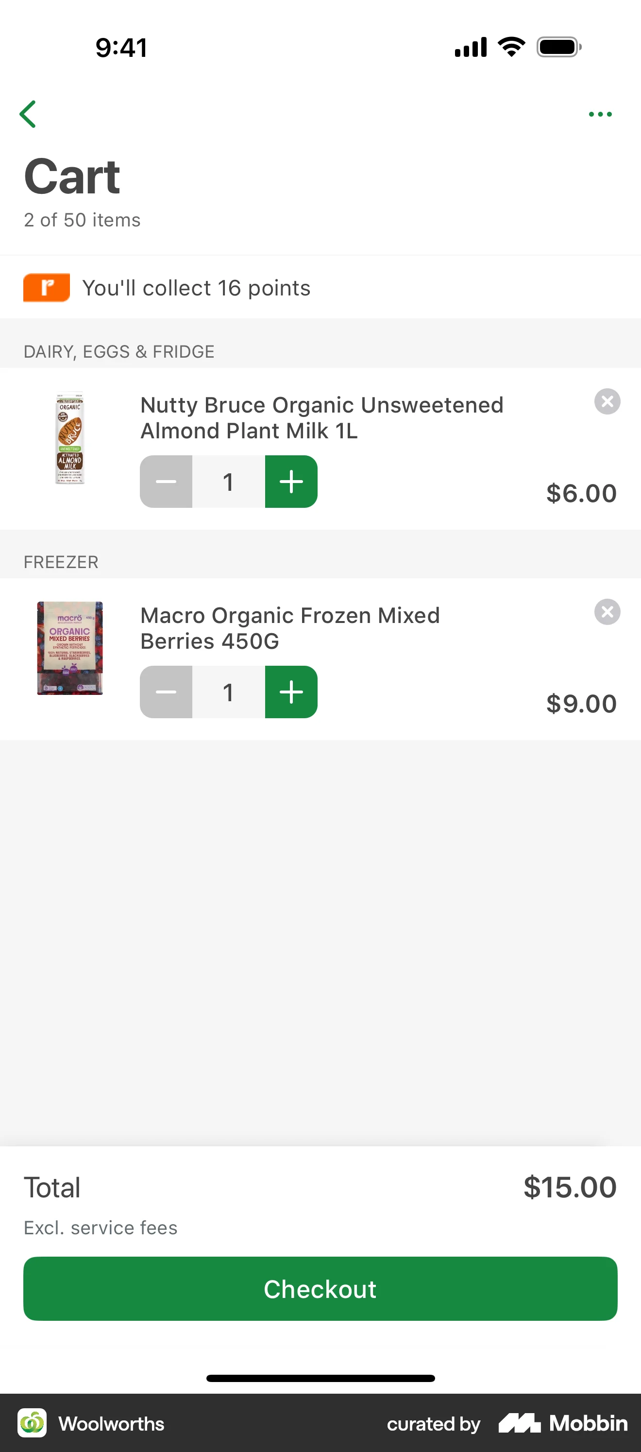 Woolworths iOS Mobile Shopping Cart screen