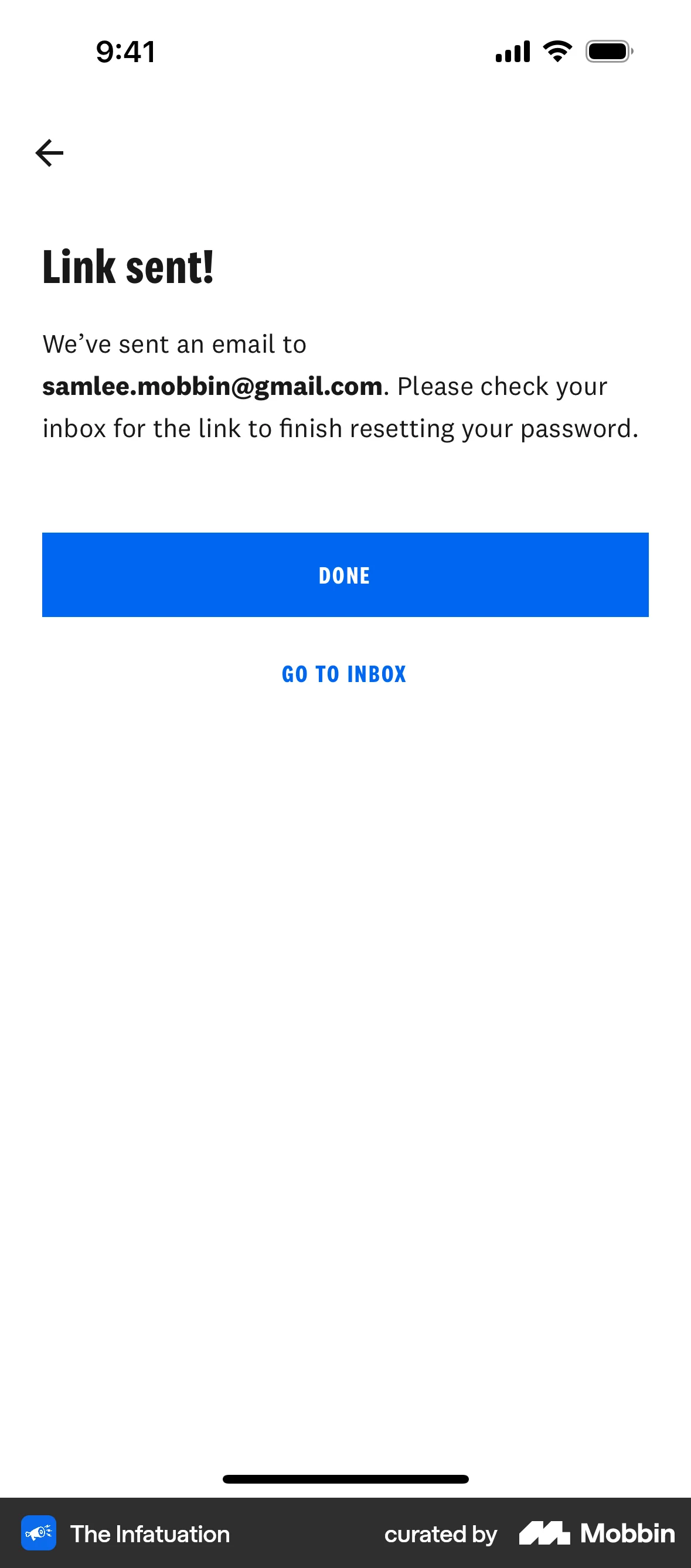 The Infatuation iOS Verification screen