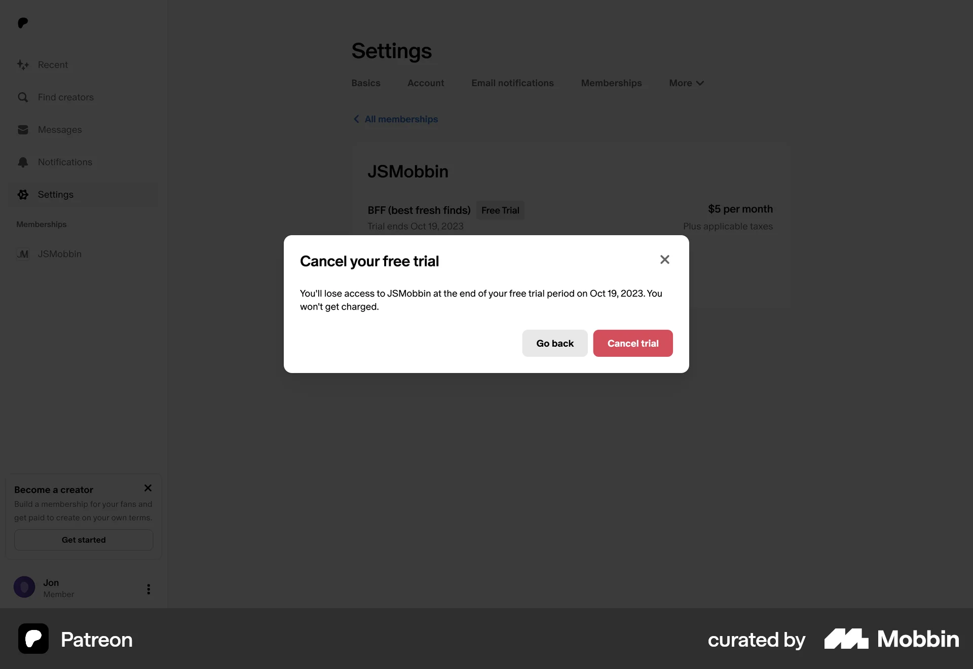 Patreon Web Cancel screen