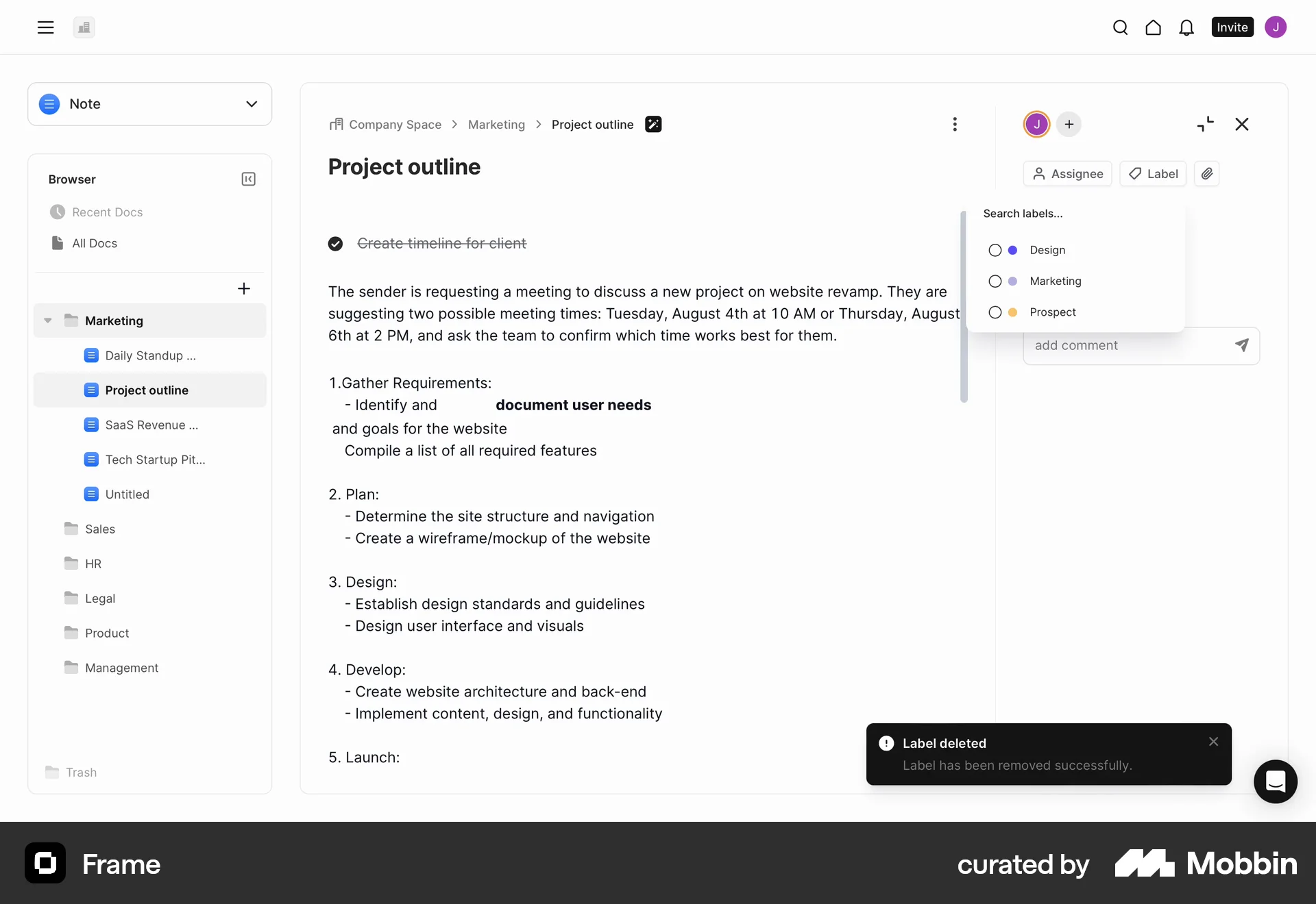 Frame Web Delete screen