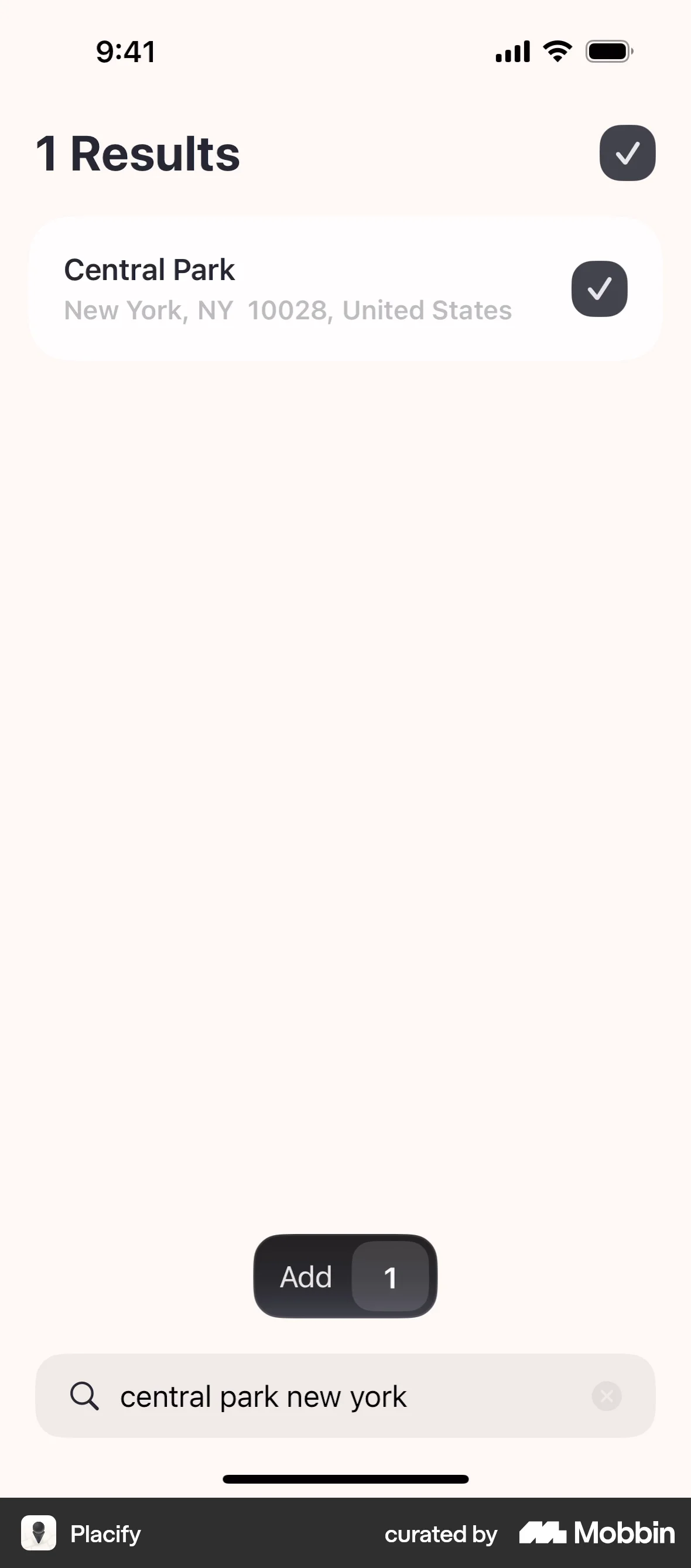 Placify iOS Search screen