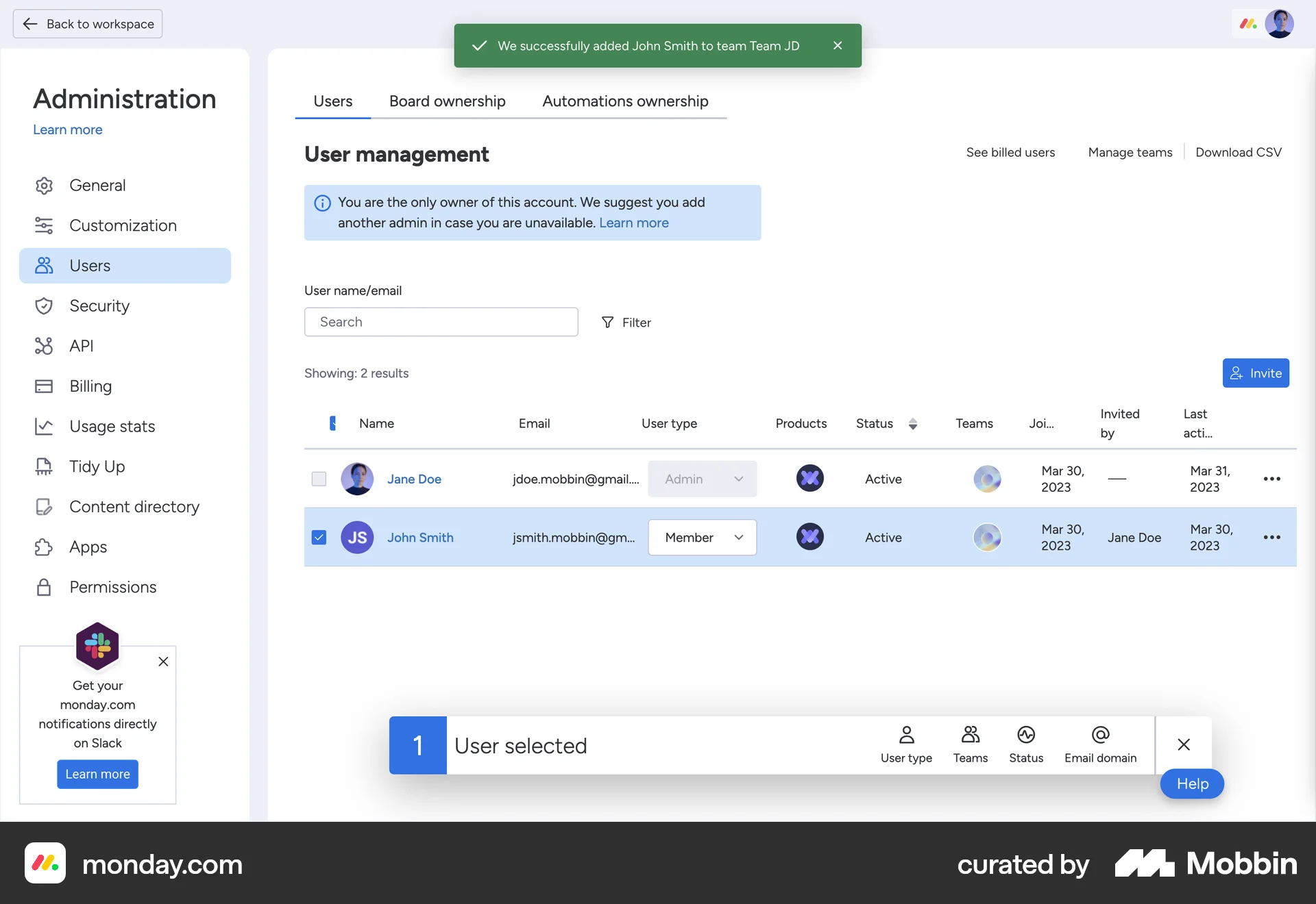 monday.com Web Admin UI screen