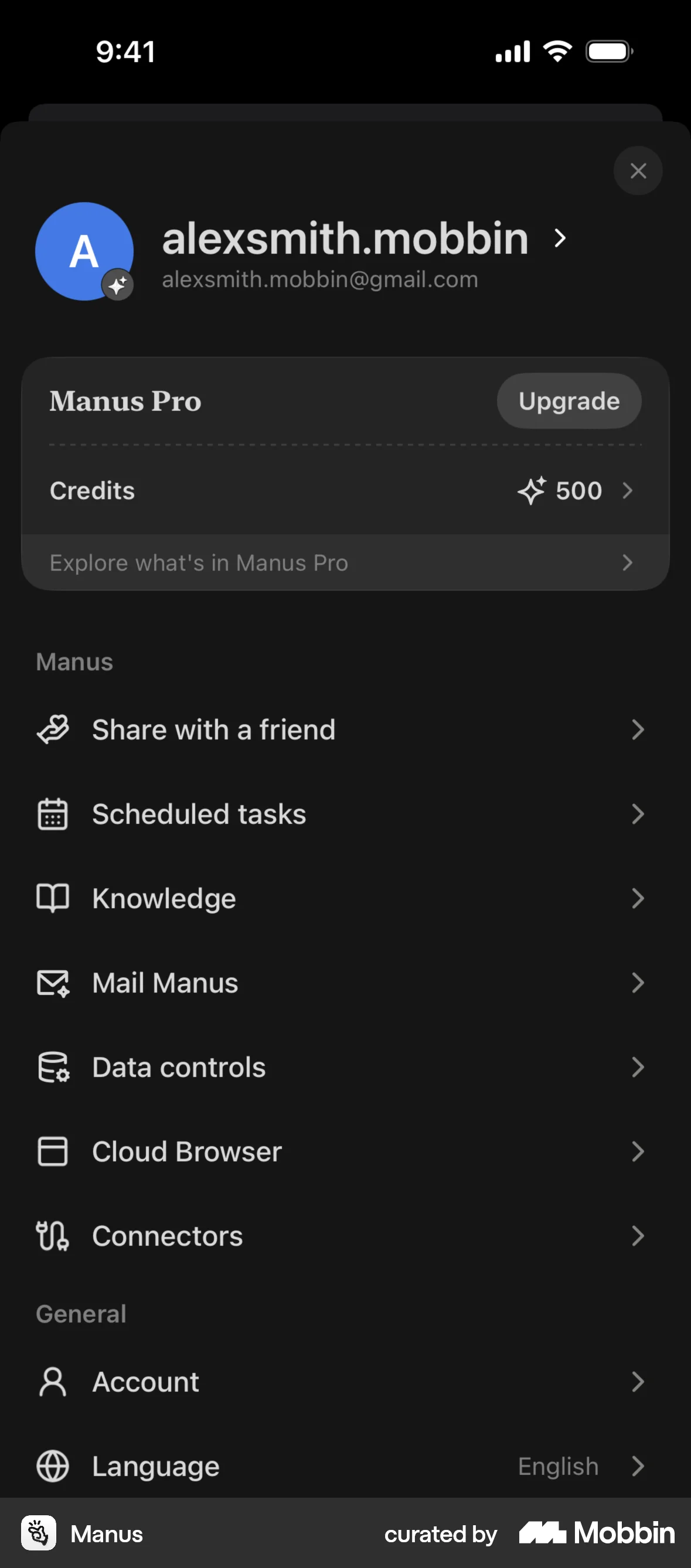 Manus iOS Dark Mode screen