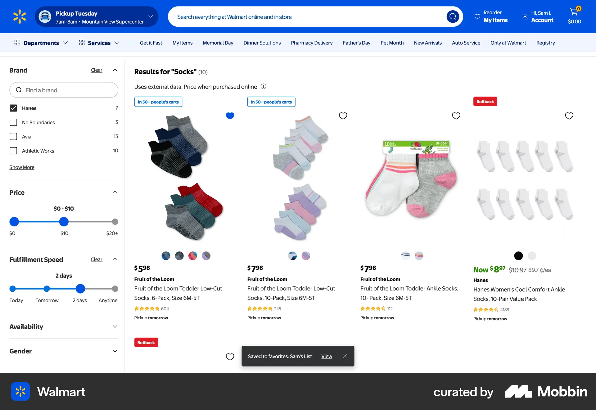 Walmart Web Favorite & Pin screen