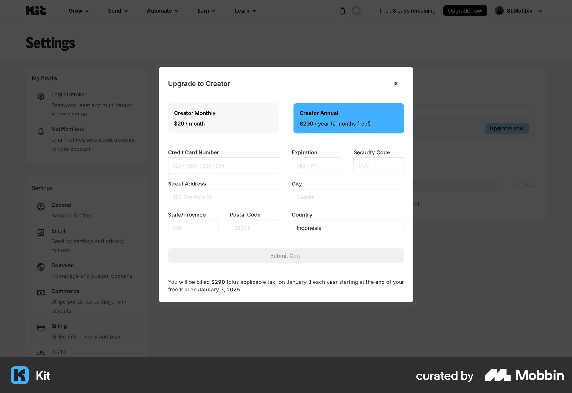 Kit Web Checkout screen