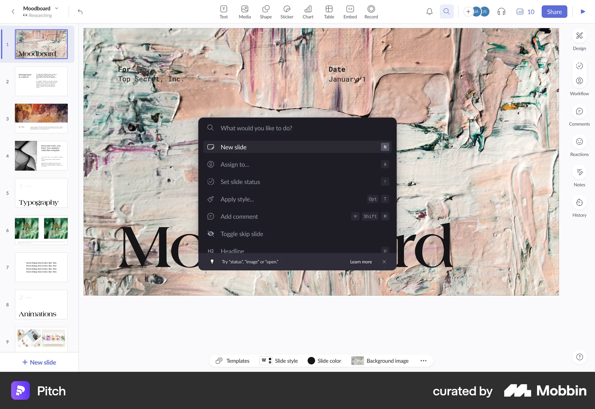 Pitch Web Command Palette screen