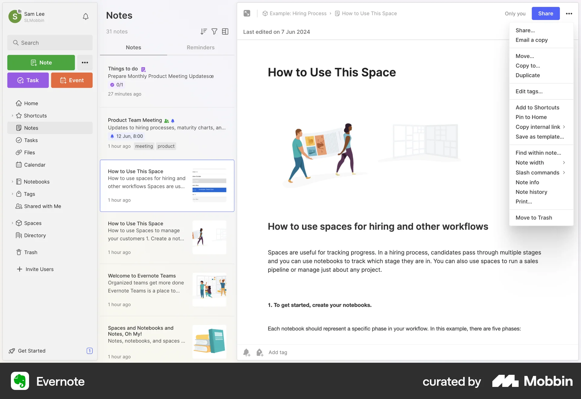Evernote Web screen containing Dropdown Menu UI element