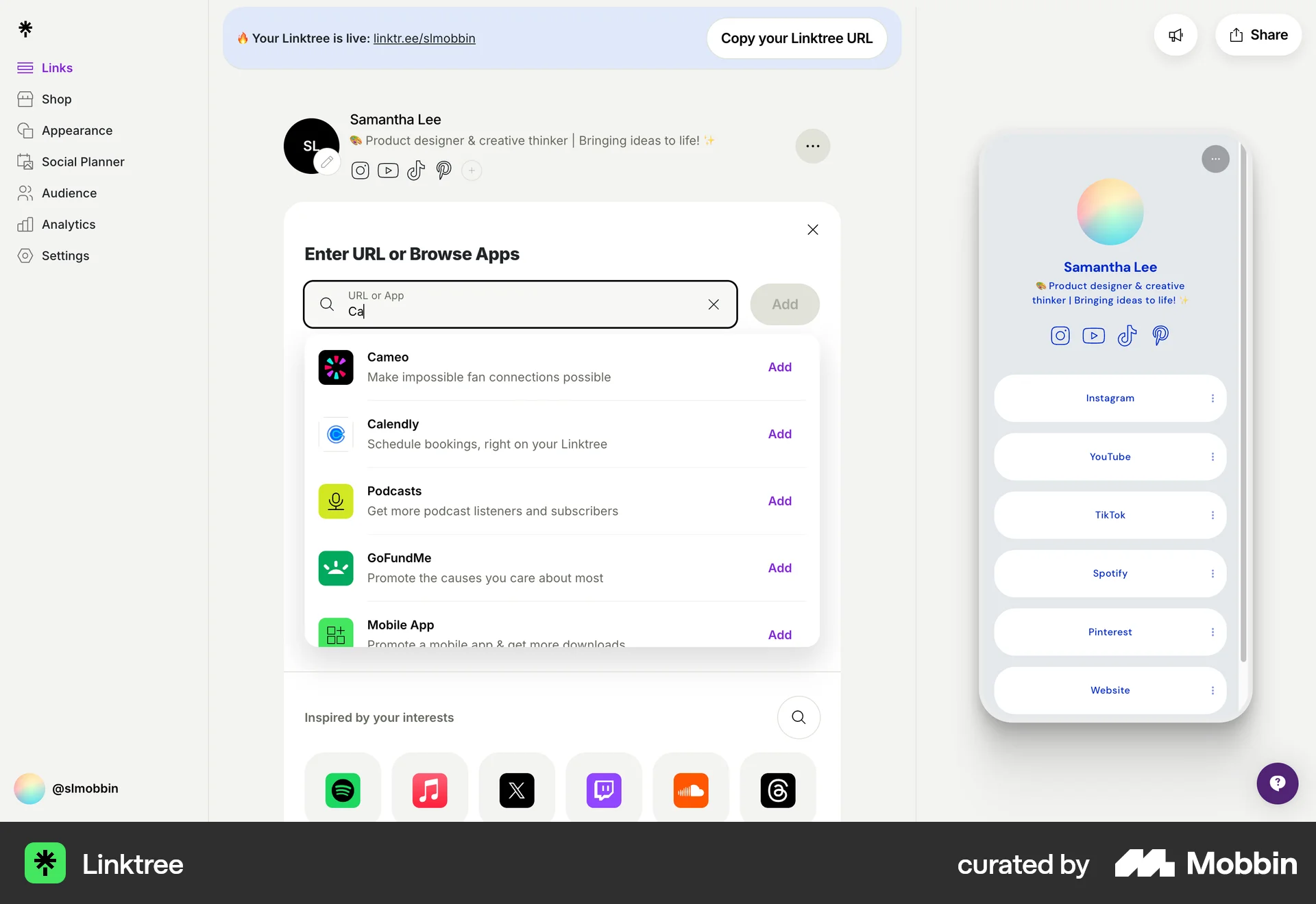 Linktree Web screen containing Combobox UI element