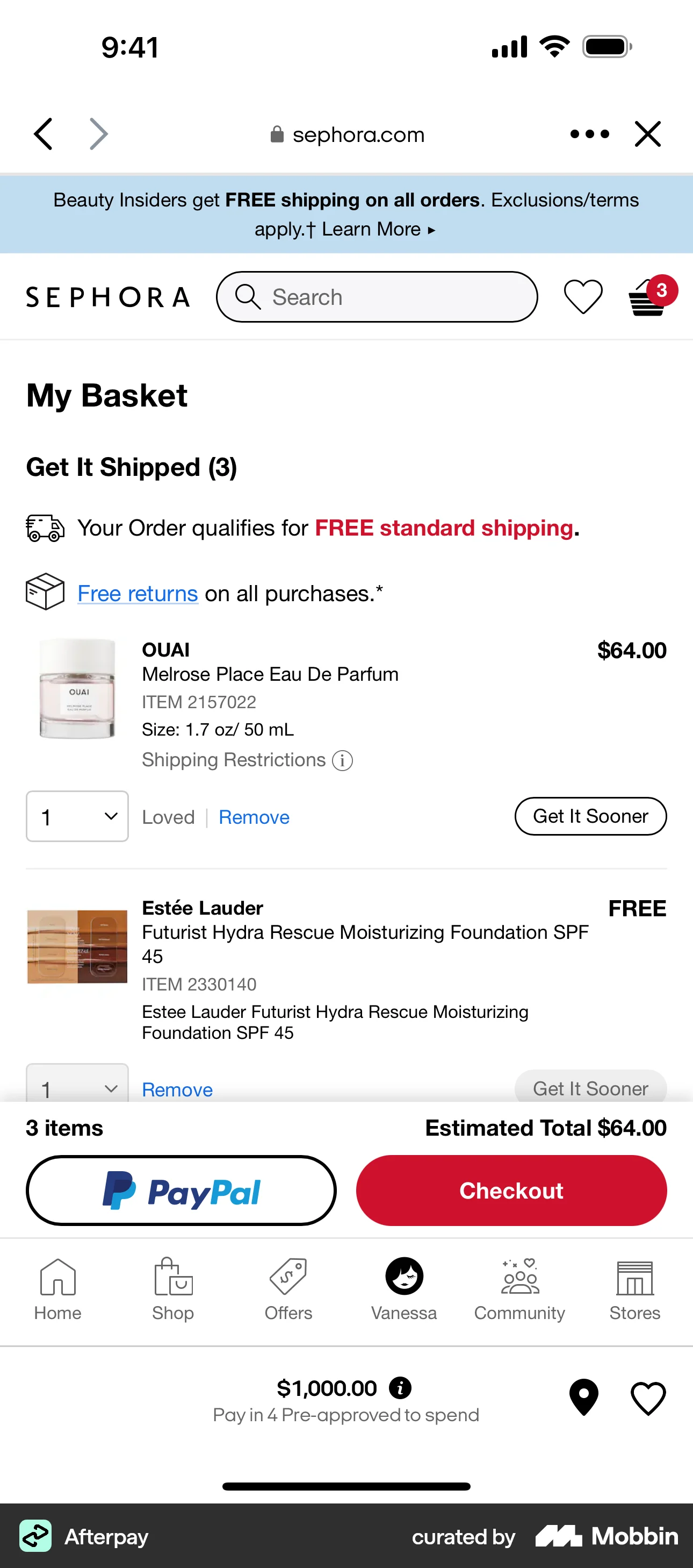 Afterpay iOS Mobile Shopping Cart screen