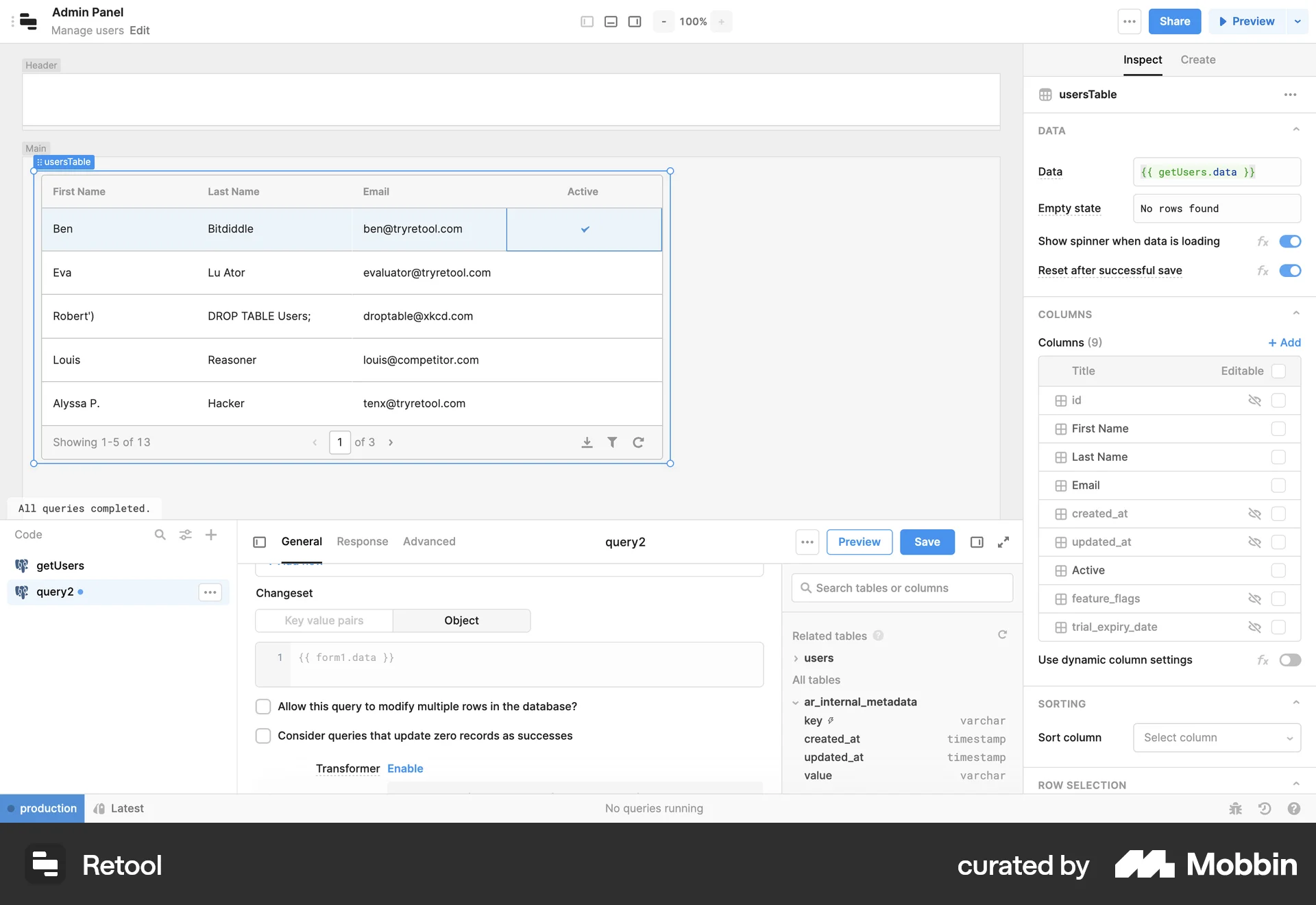 Retool Web Code Editor screen