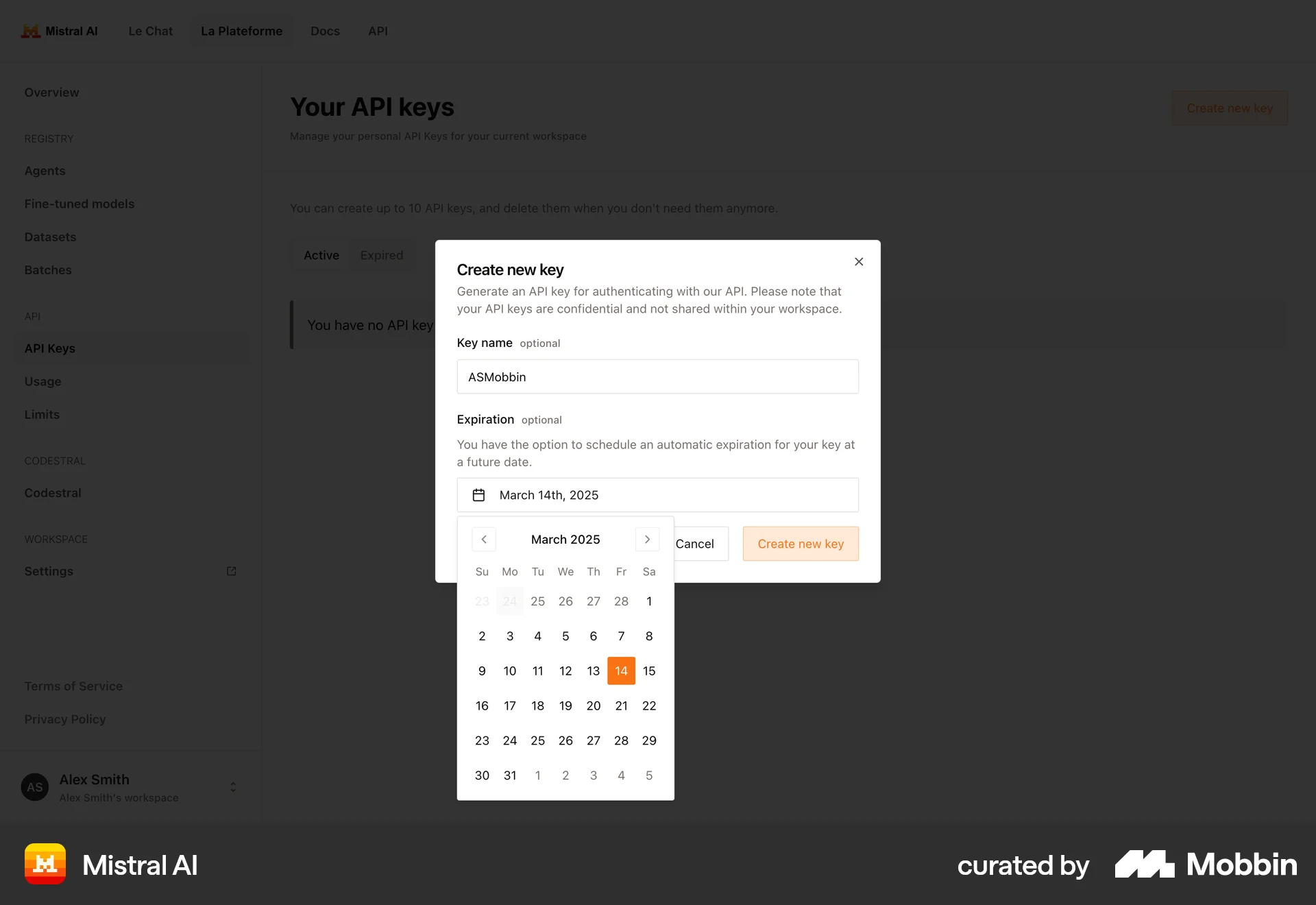 Mistral AI Web screen containing Date Picker UI element