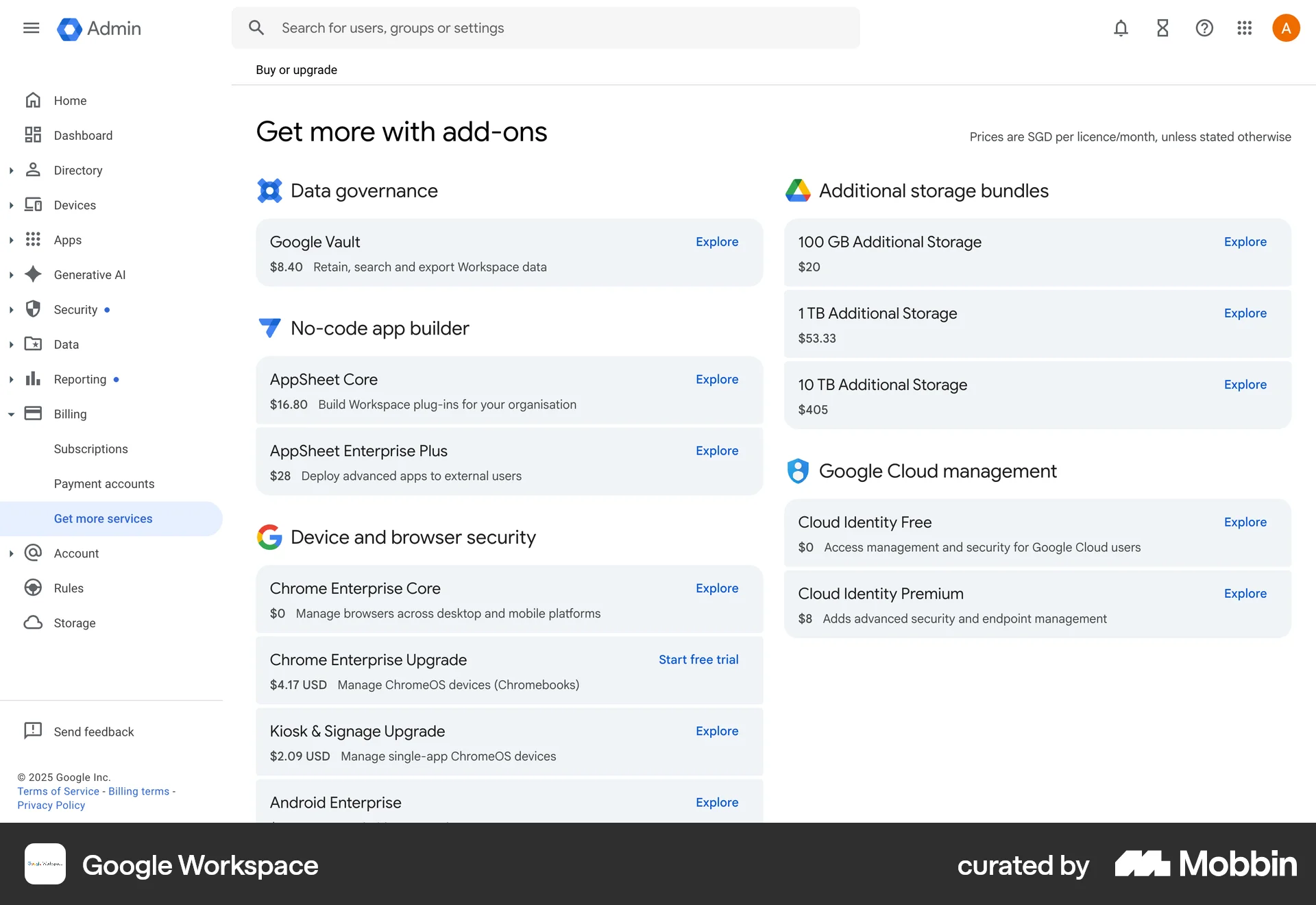 Google Workspace Web Pricing screen