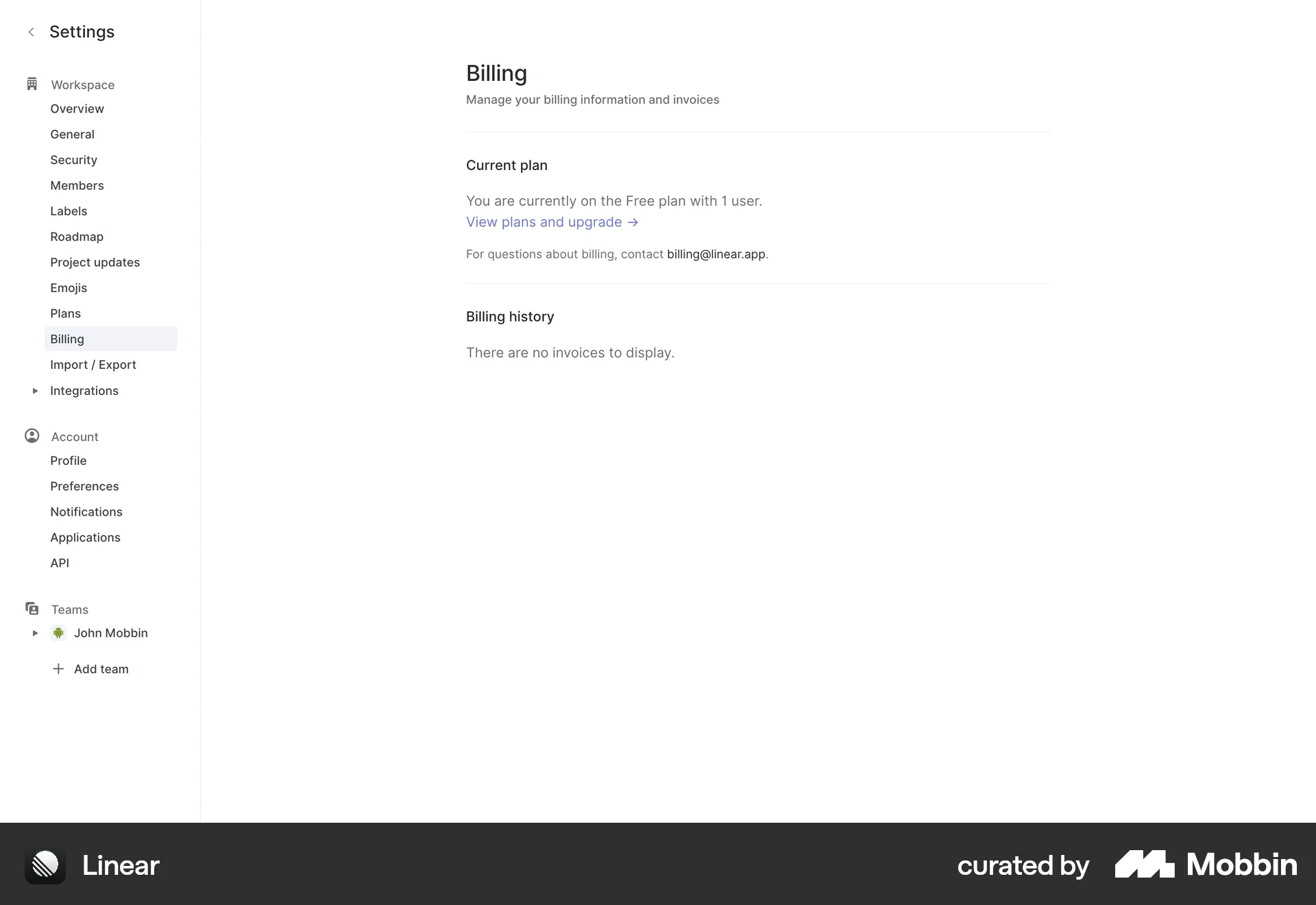 Linear Web Order History screen