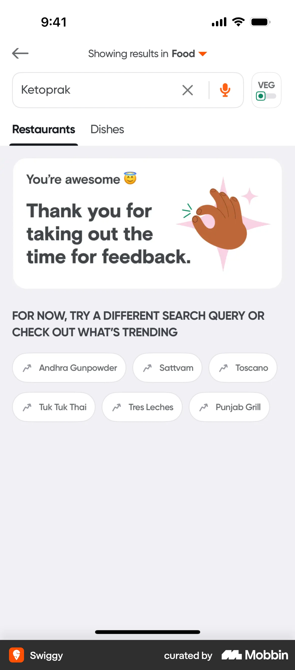 Swiggy iOS Acknowledgement & Success screen