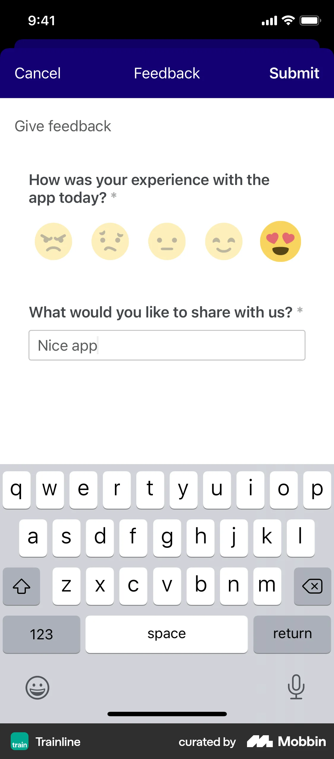 Trainline iOS Feedback screen