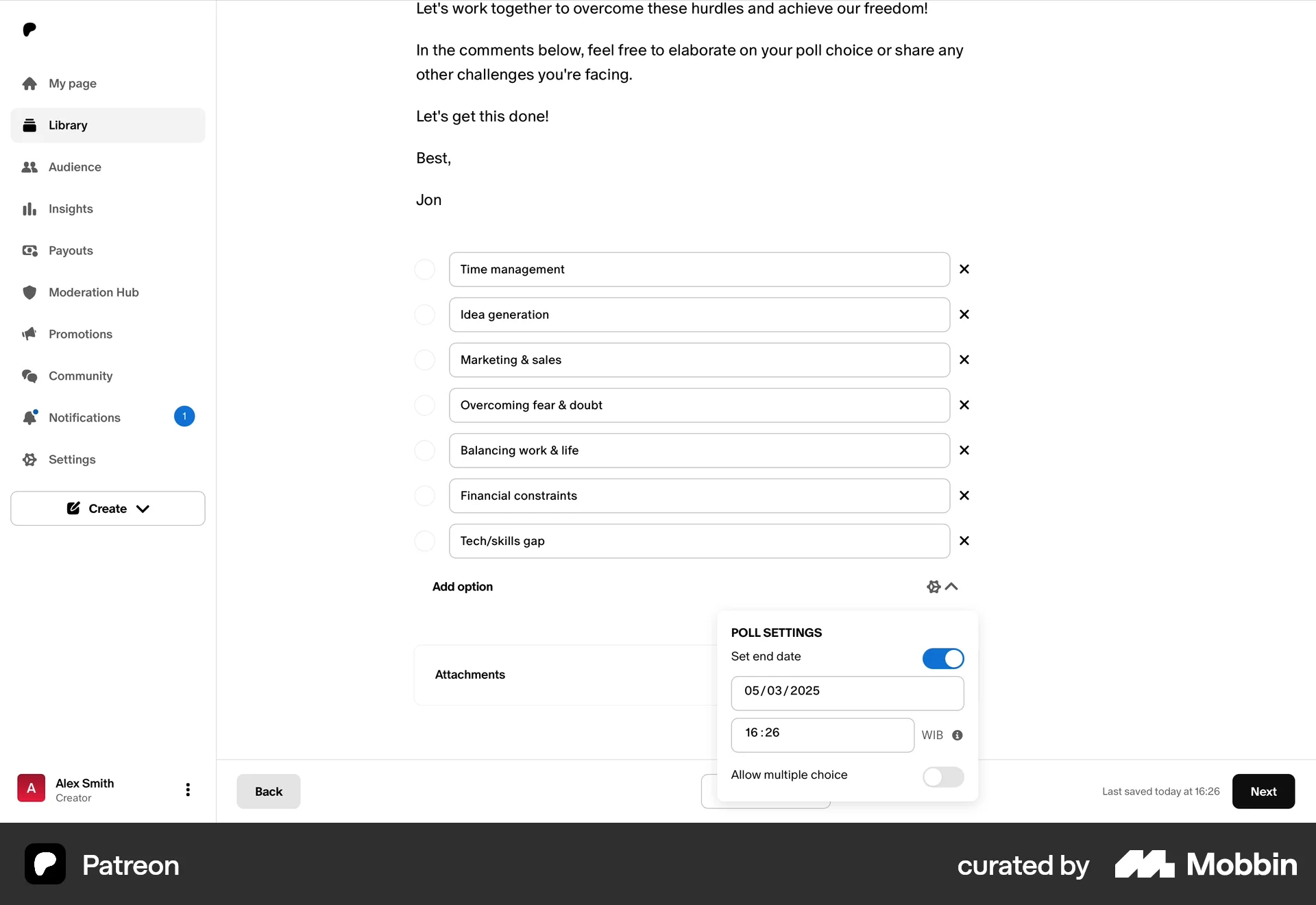 Patreon Web screen containing Popover UI element