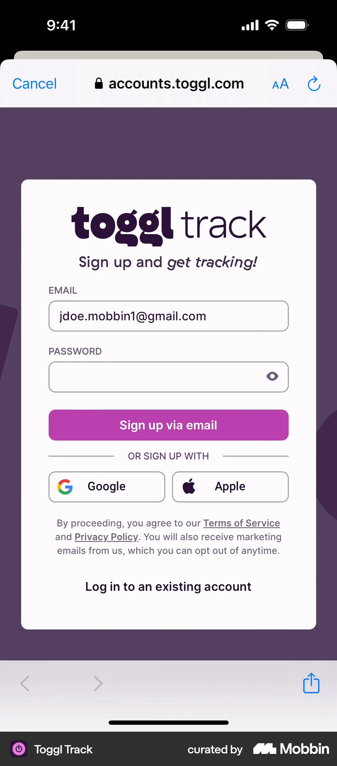Toggl Track iOS Signup screen