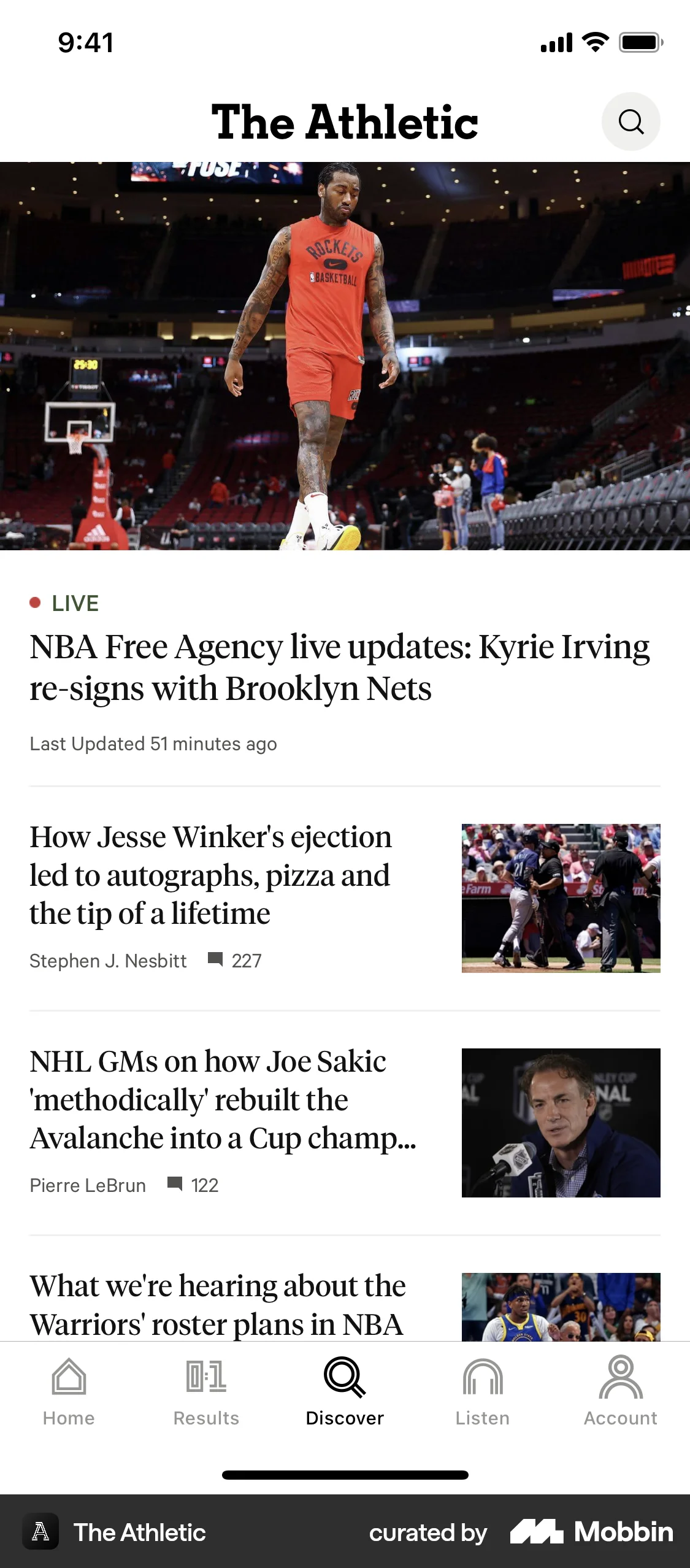 The Athletic iOS News Feed screen