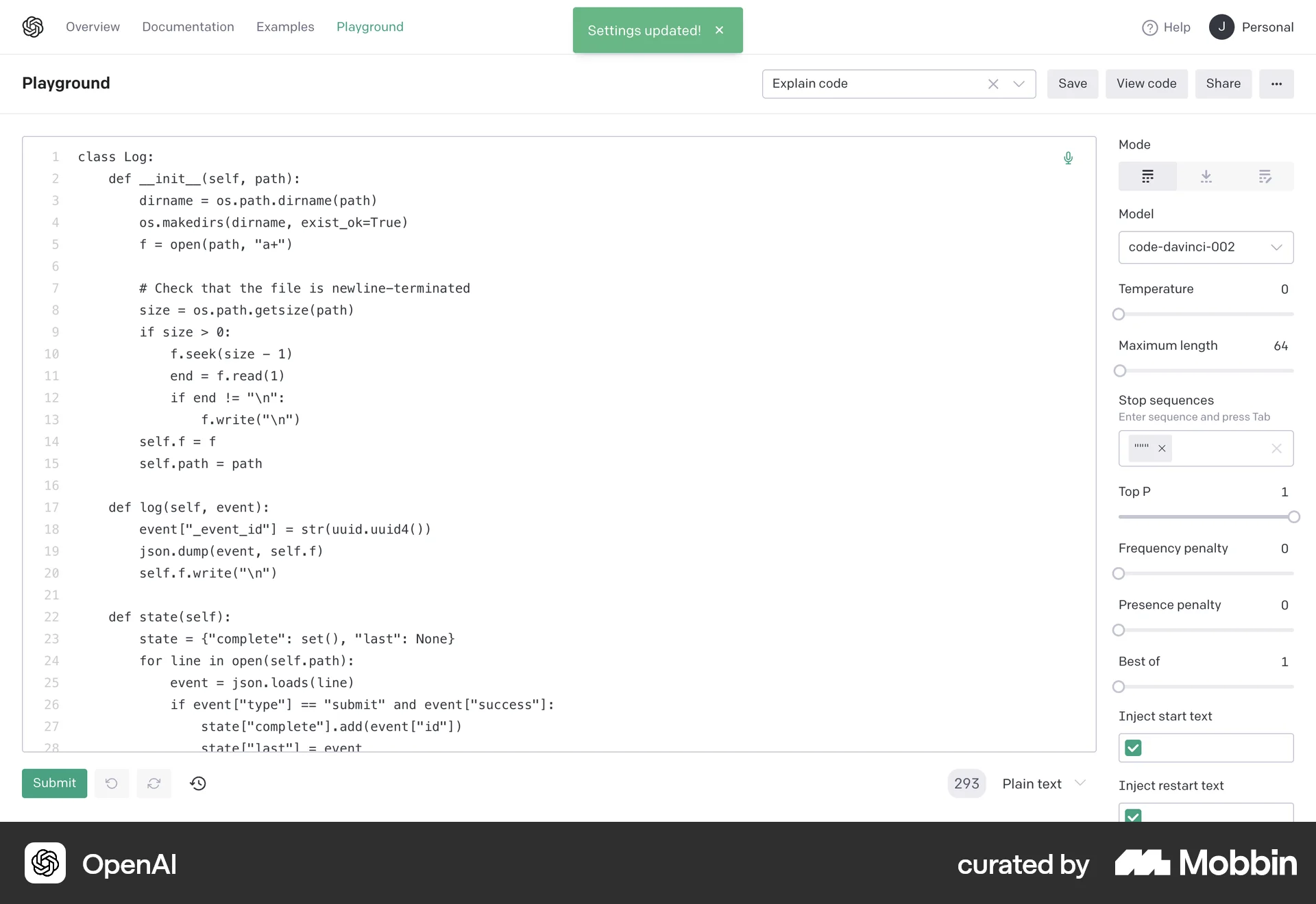 OpenAI Platform Web Code Editor screen
