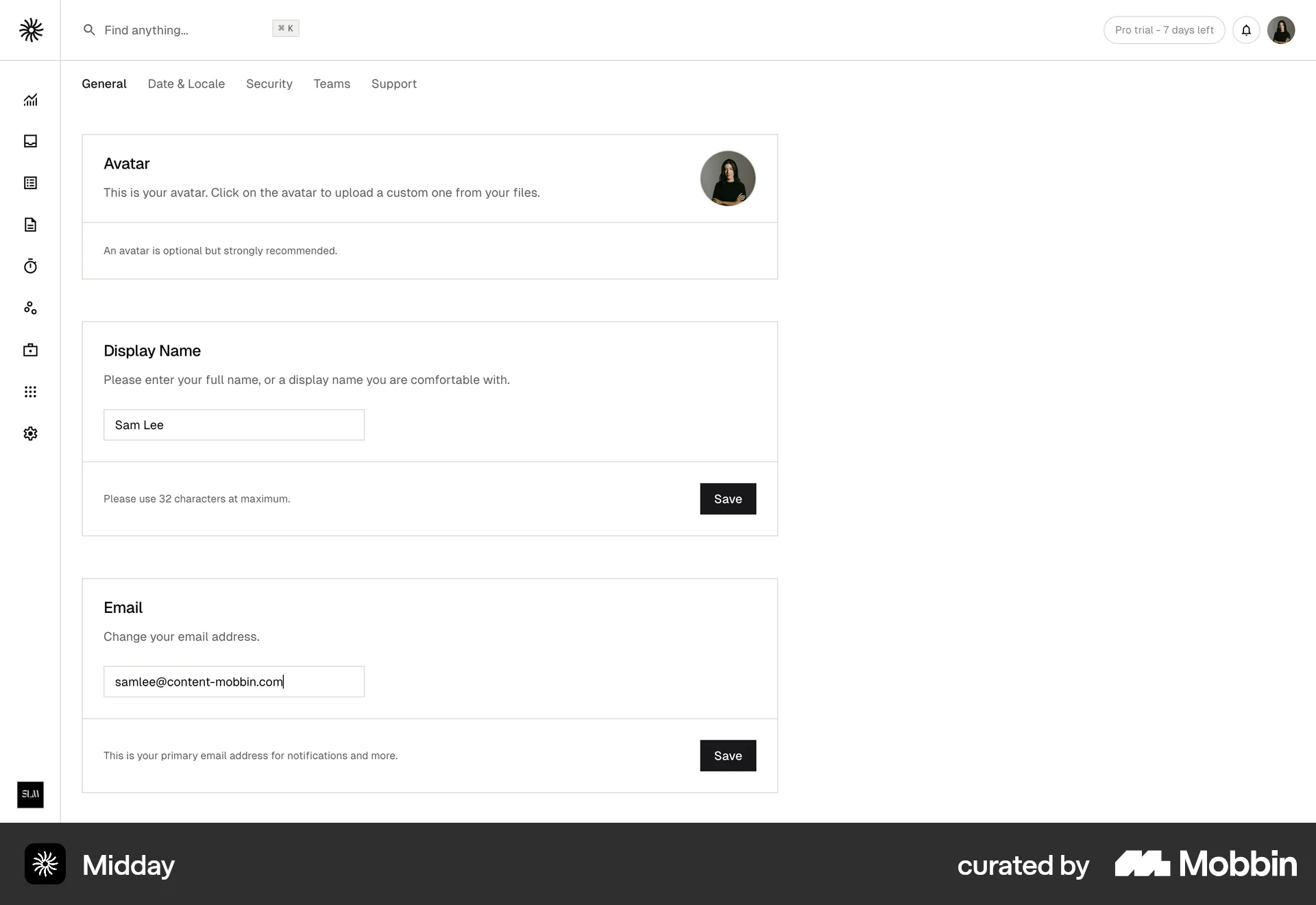 Midday Web Settings & Preferences screen