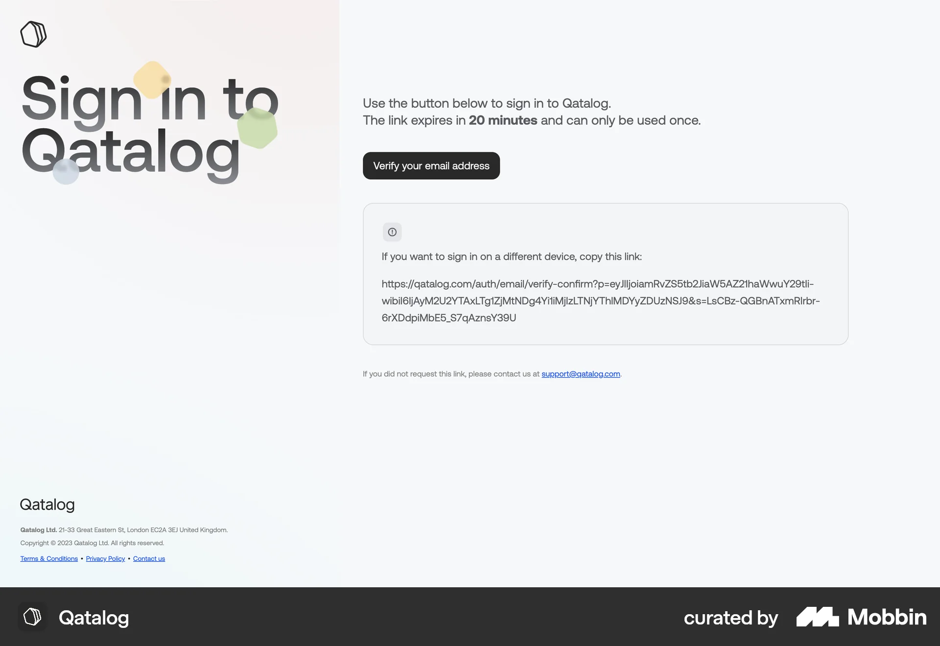 Qatalog Web Verification screen