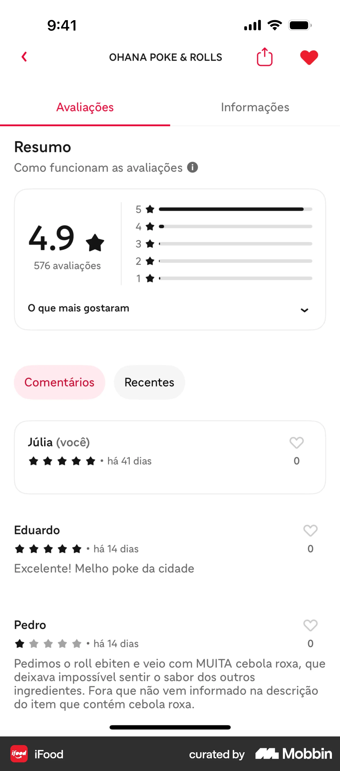 iFood iOS Reviews & Ratings screen