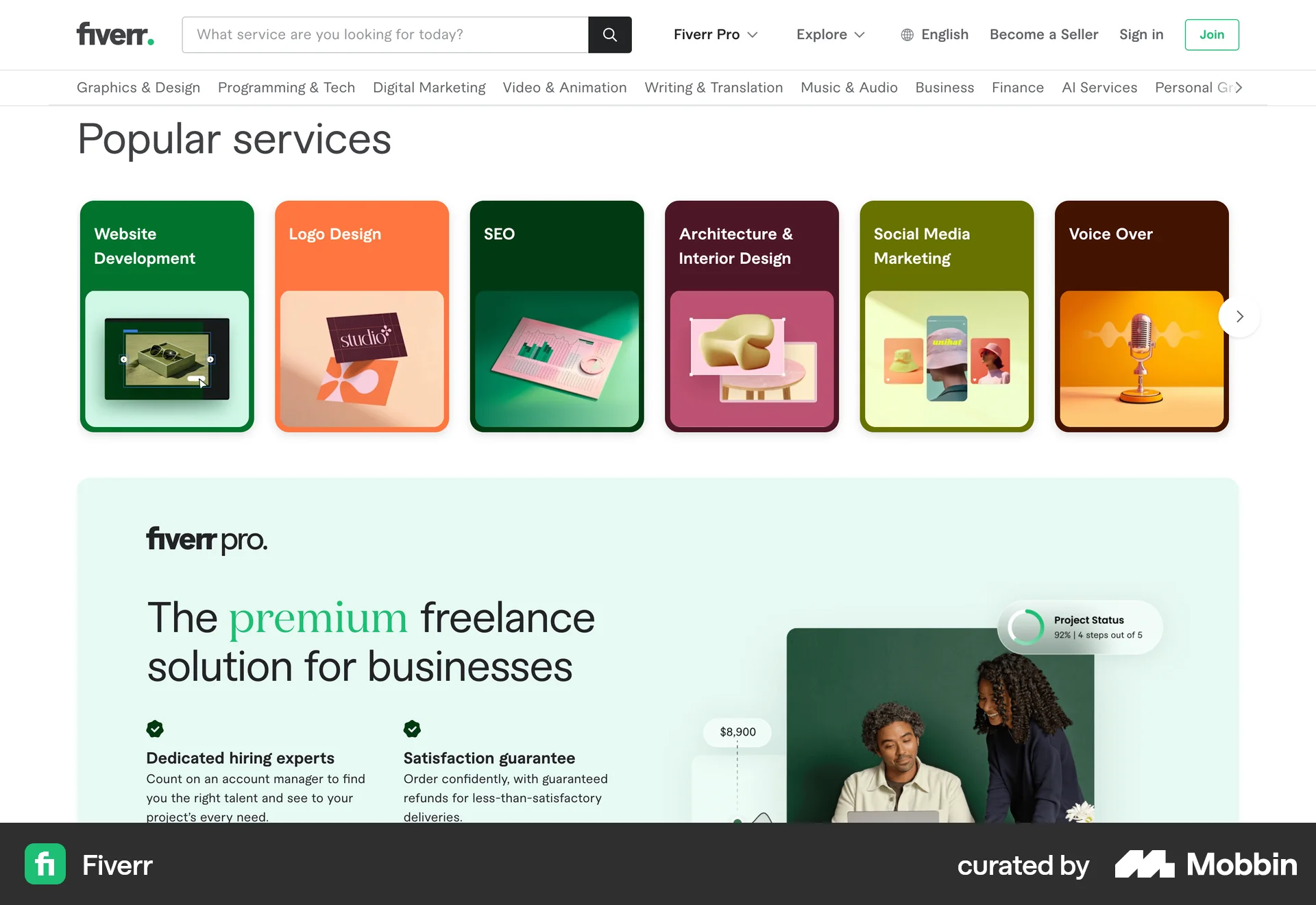 Fiverr Web screen containing Carousel UI element