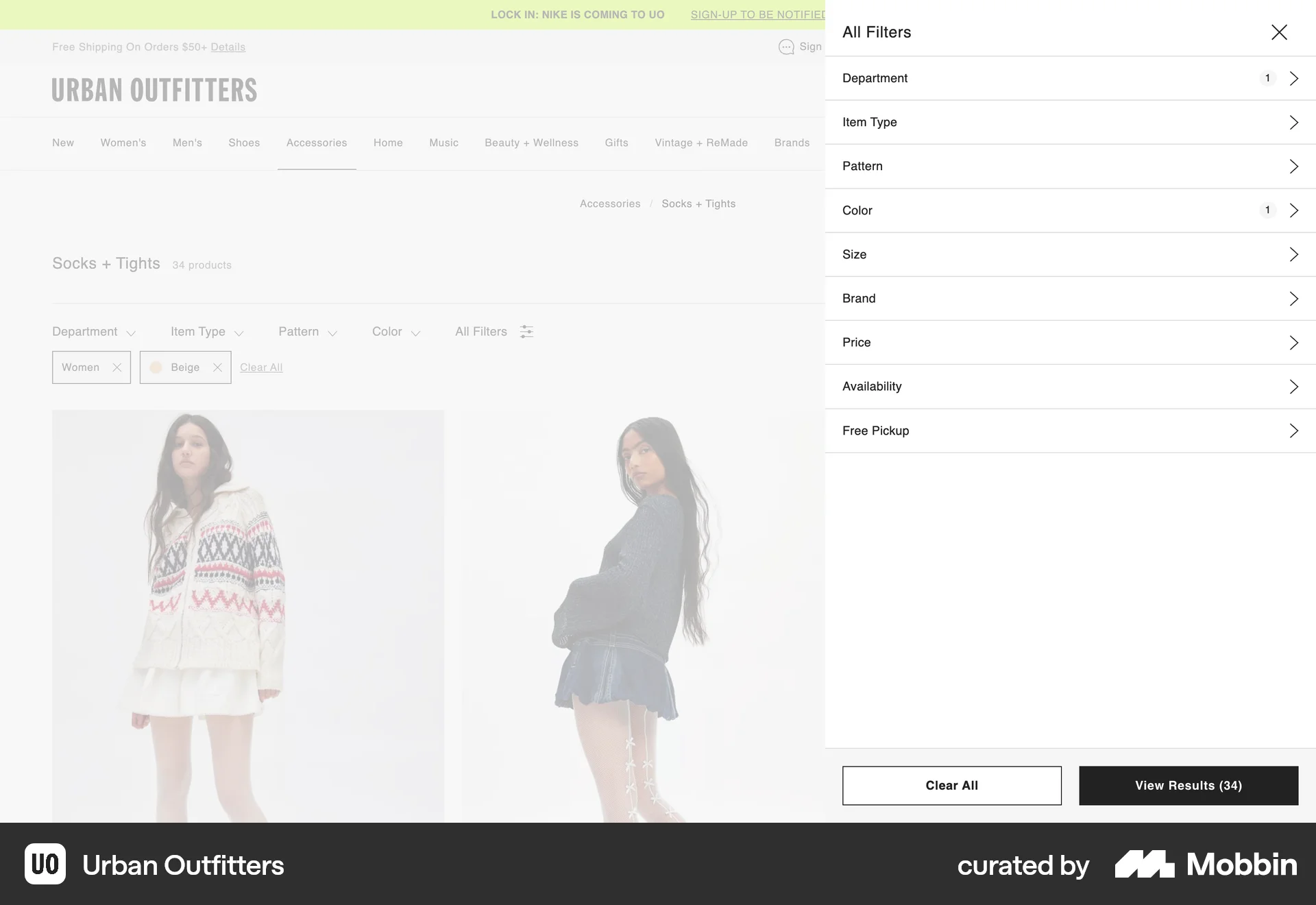 Urban Outfitters Web screen containing Drawer UI element