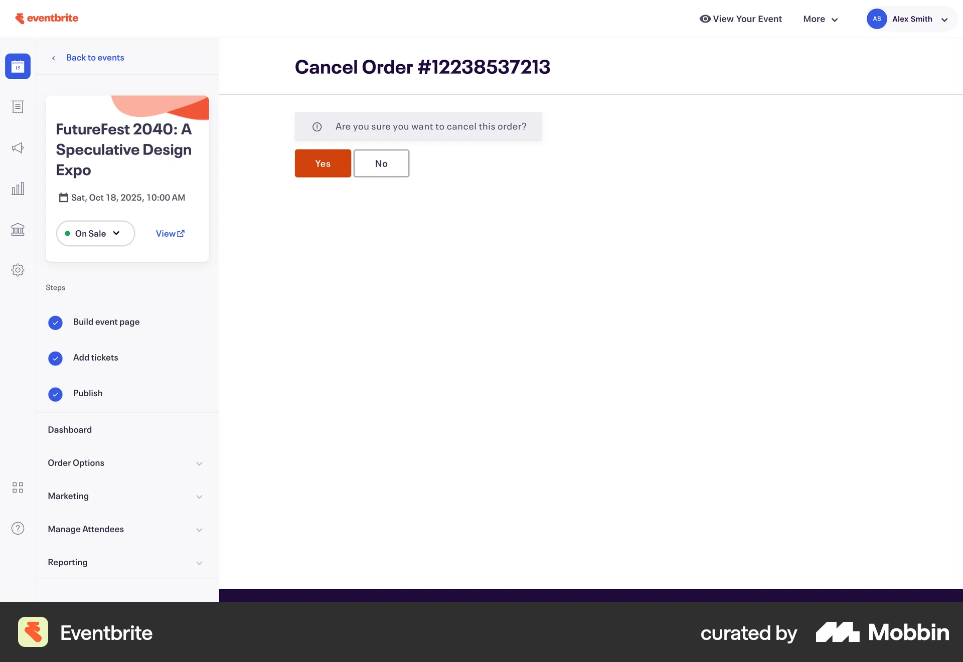 Eventbrite Web Cancel screen