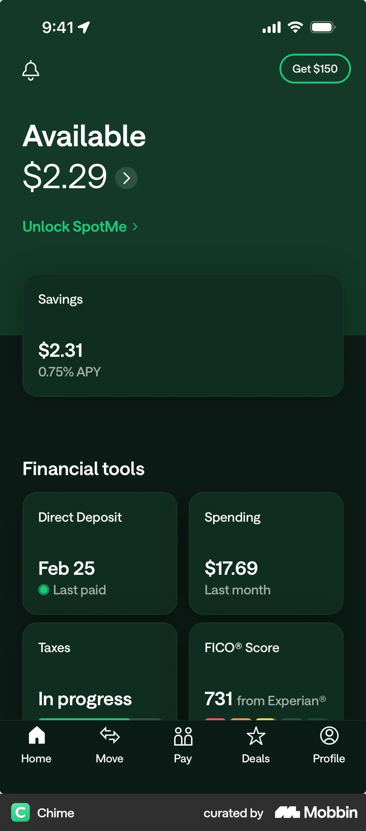 Chime iOS Dark Mode screen
