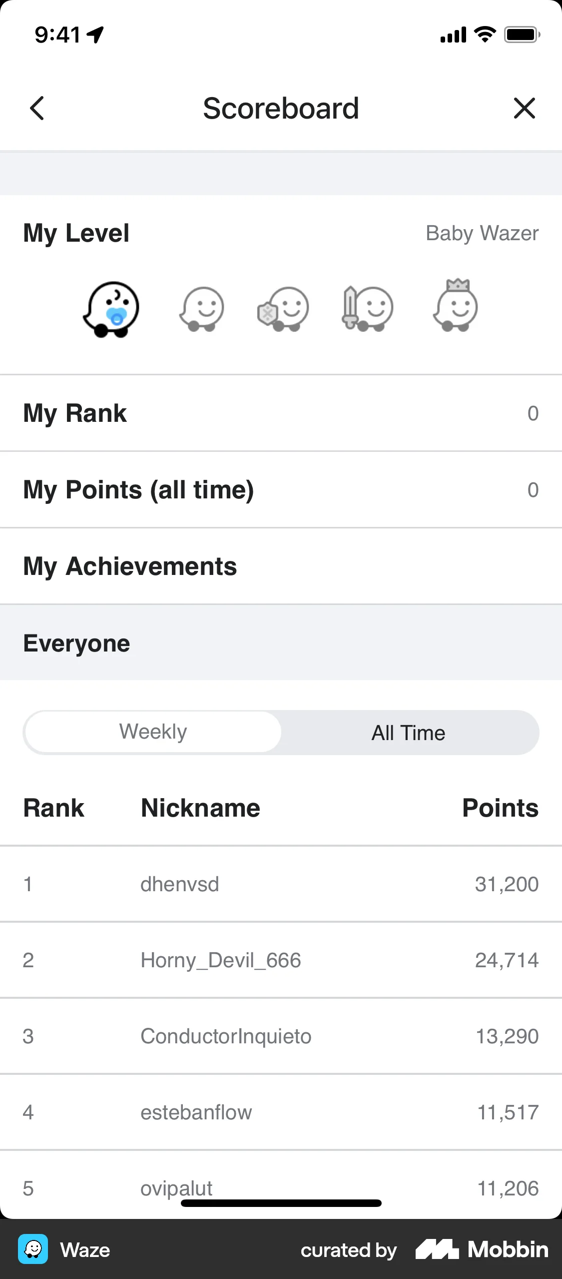 Waze iOS Leaderboard screen