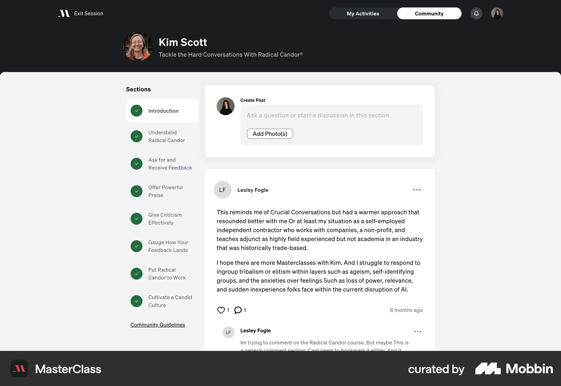 MasterClass Web Social Feed screen