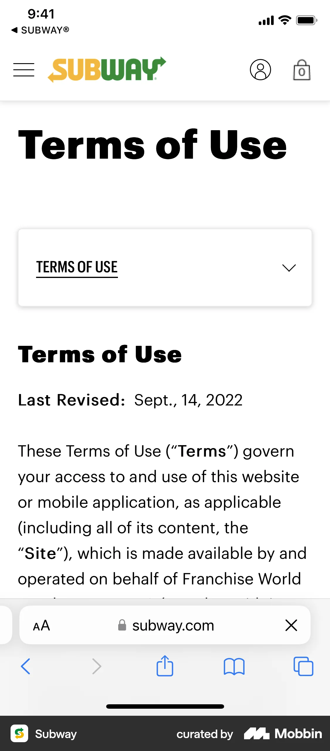 Subway iOS Terms & Conditions screen