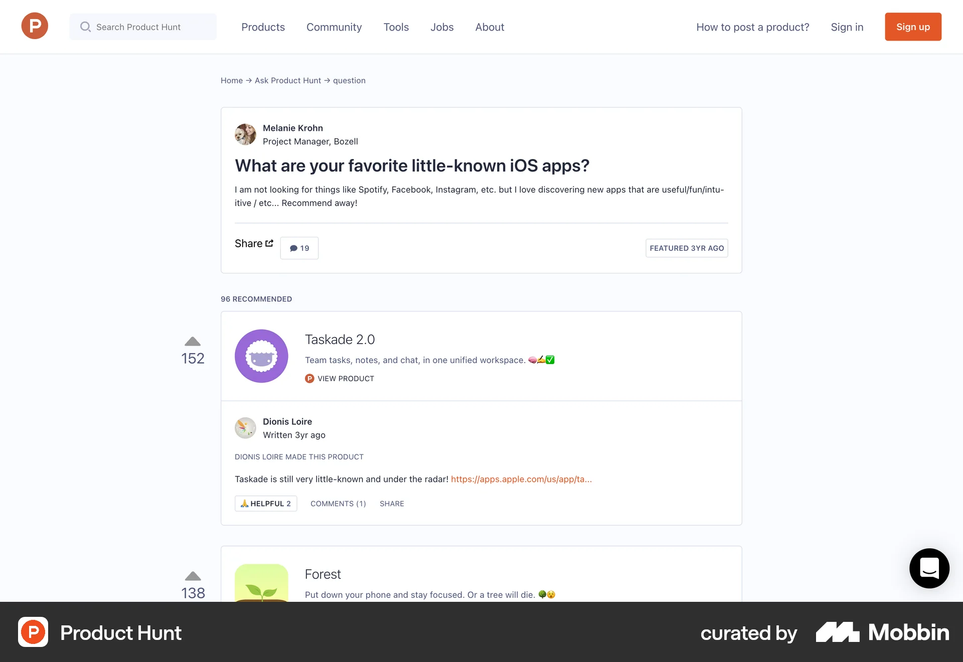 Product Hunt Web Post Detail screen