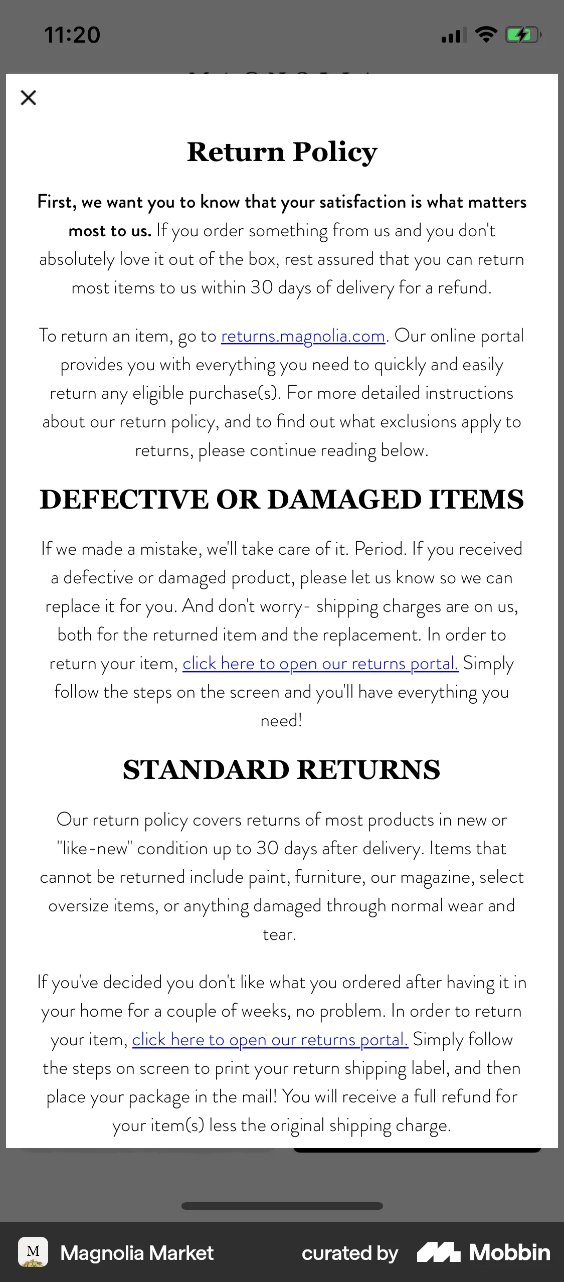 Magnolia Market iOS Privacy Policy screen