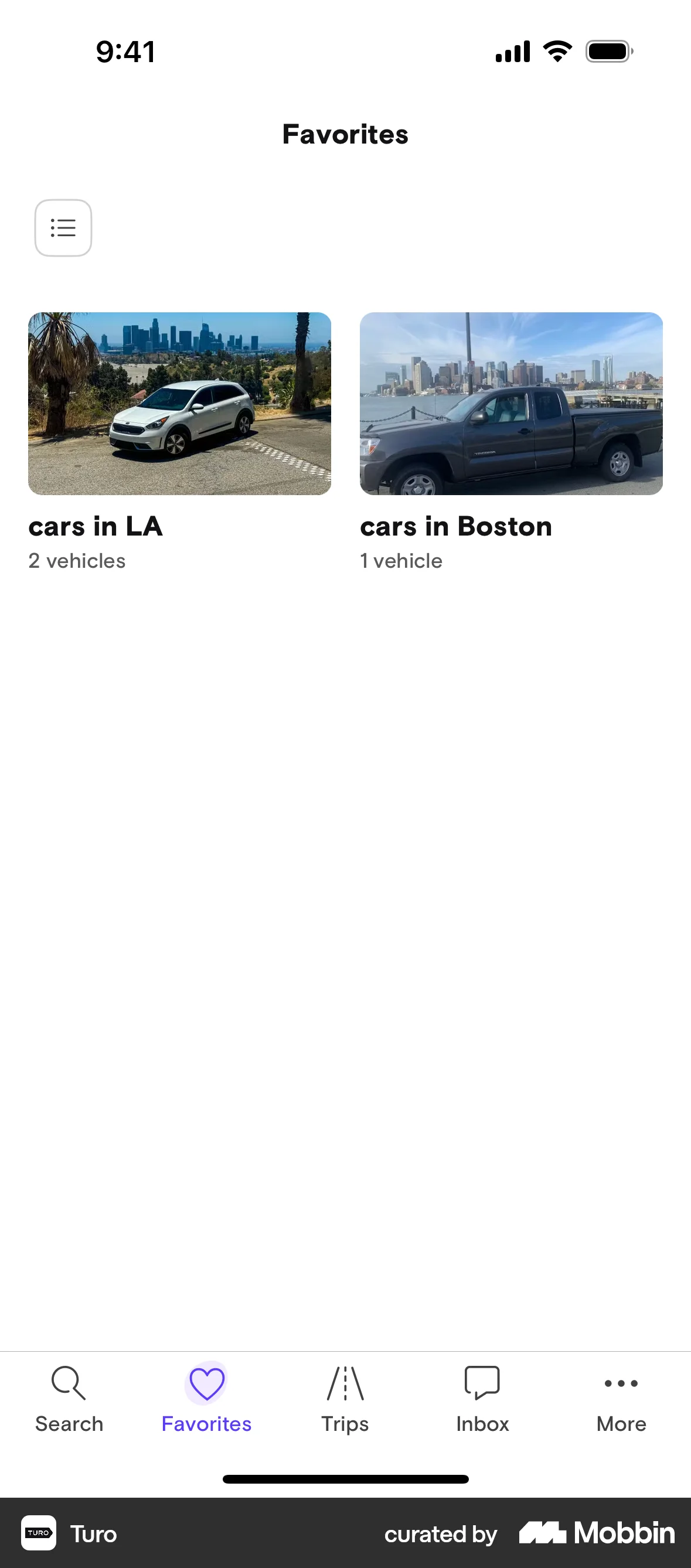 Turo iOS Bookmarks & Collections screen