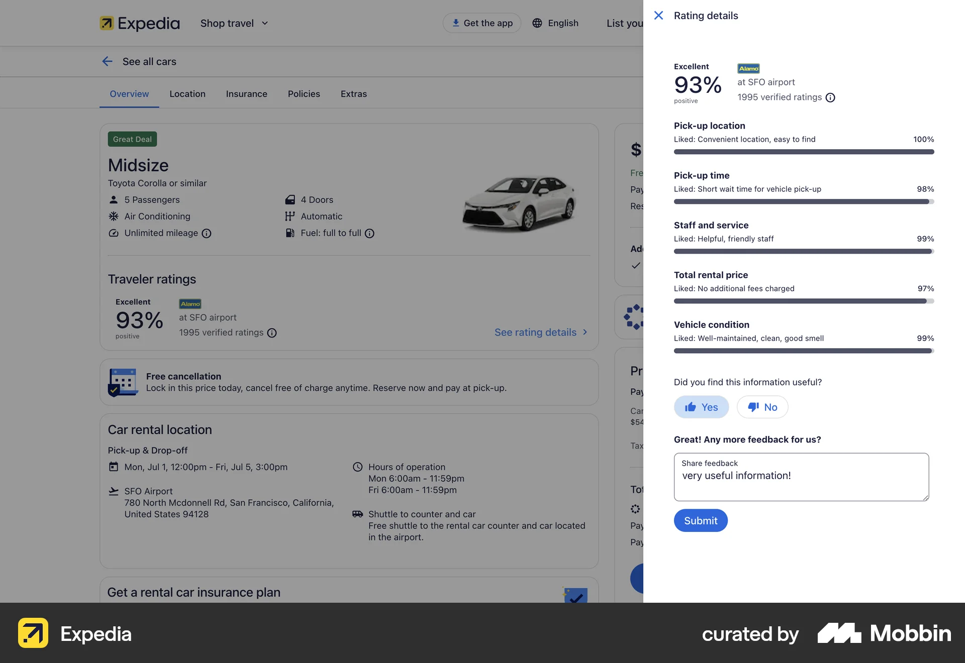Expedia Web screen containing Rating Control UI element