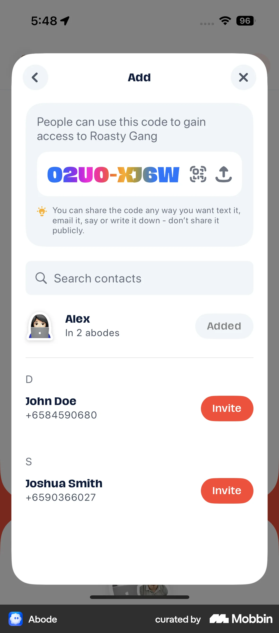 Abode iOS Invite Teammates screen