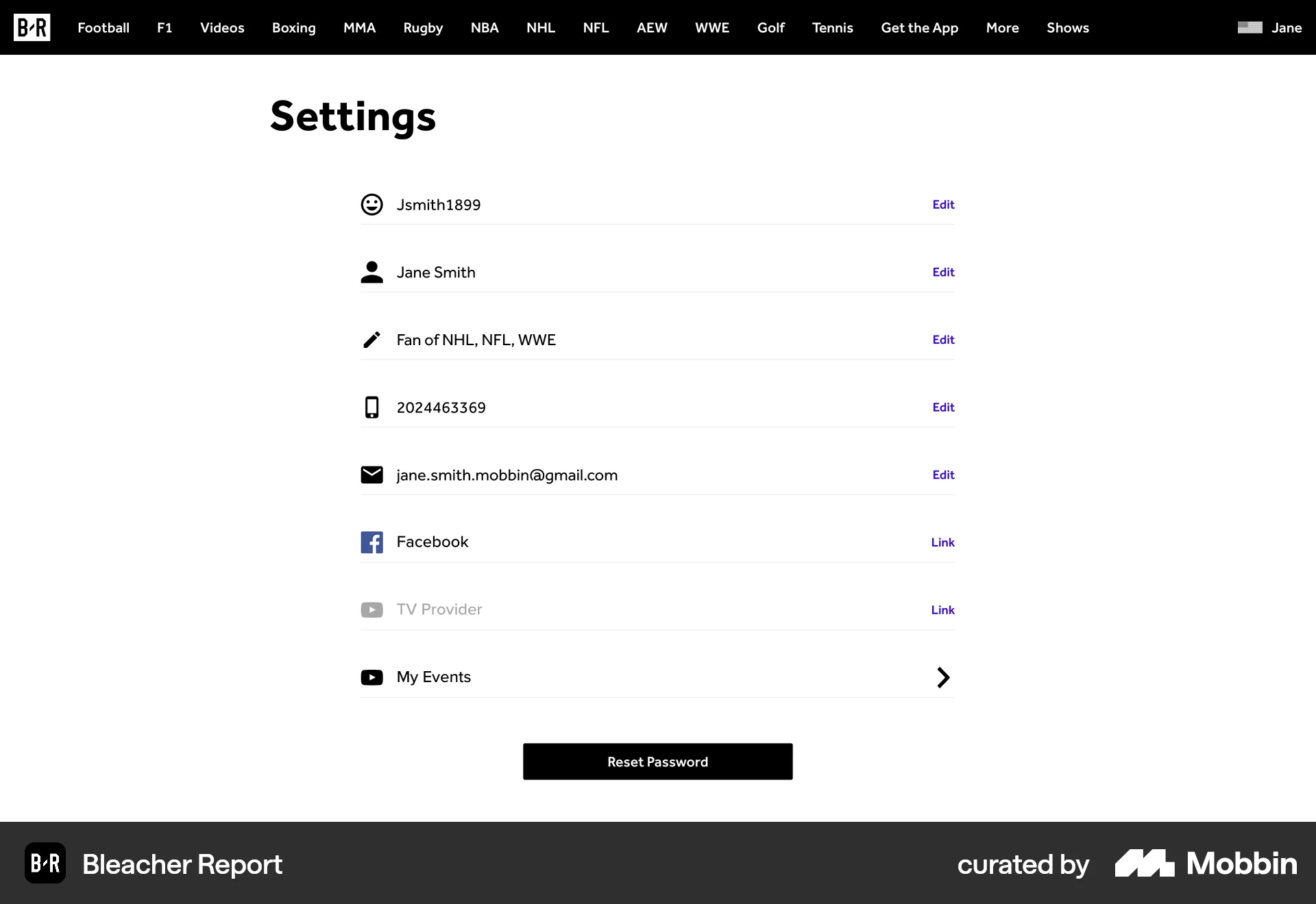 Bleacher Report Web Sports App screen